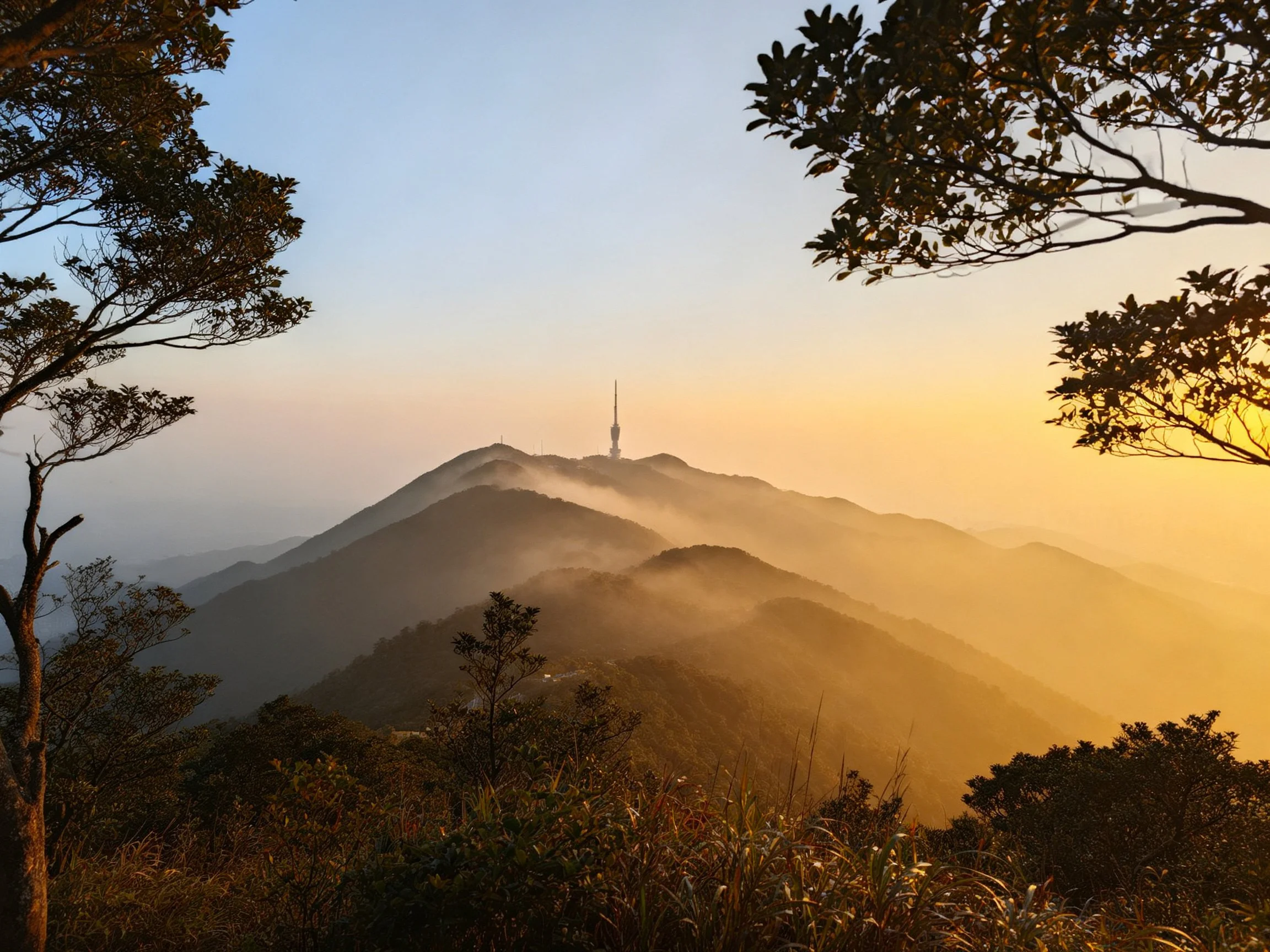 Misty Mountain Peaks with Tower at Dawn