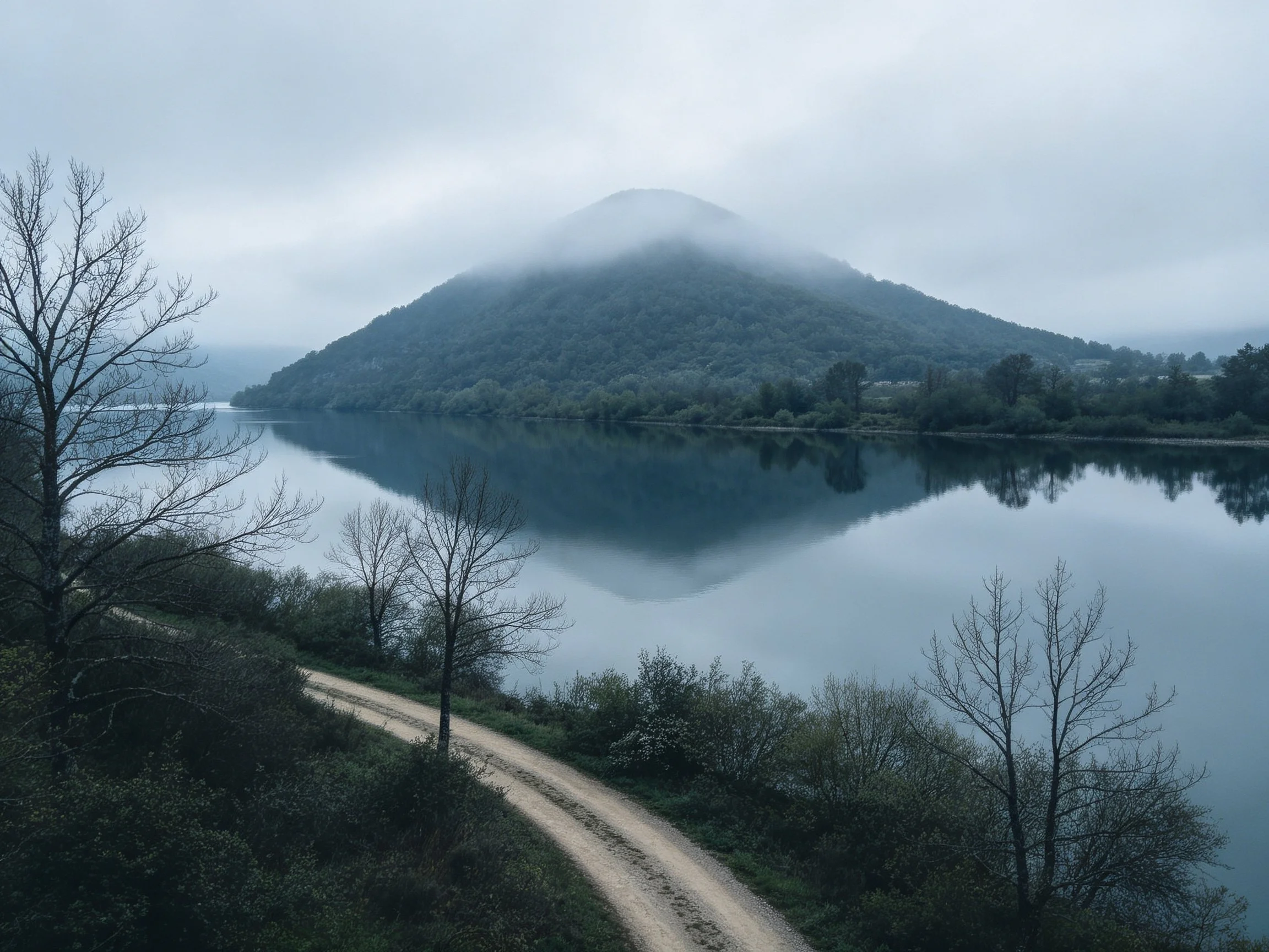 Misty Mountain Reflects in Calm Lake with Dirt Trail