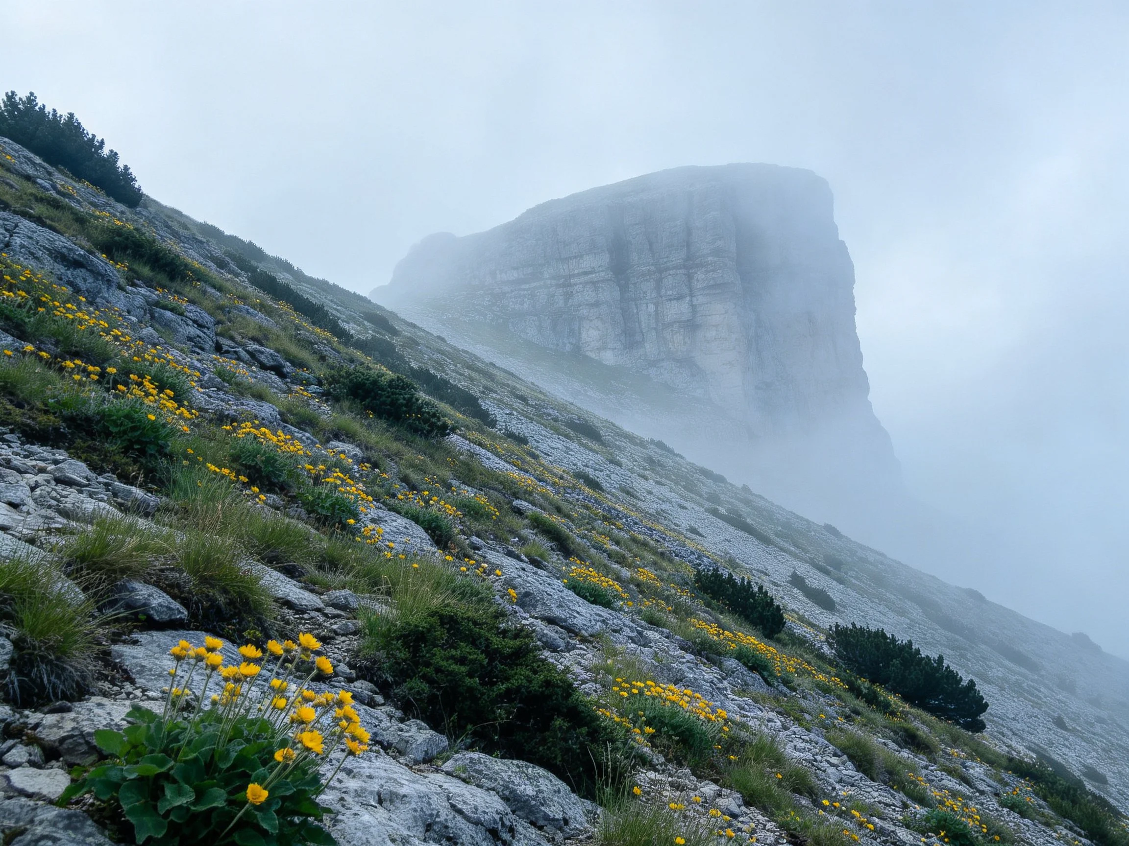 Misty Mountain Slope with Yellow Wildflowers and Foggy Rock Formation