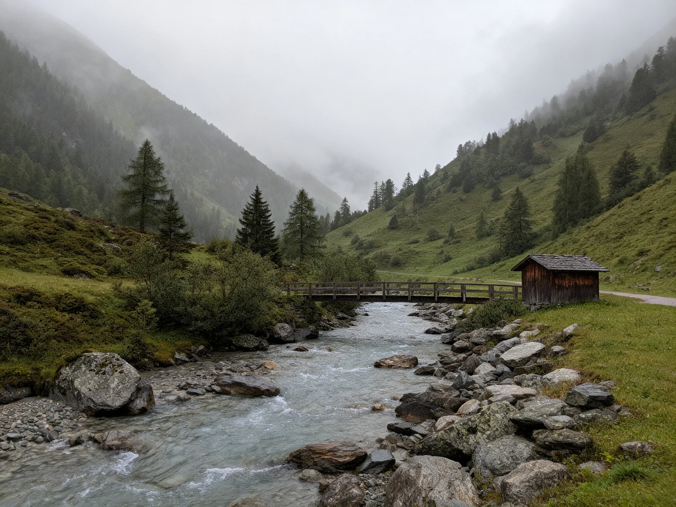 Misty Mountain Stream with Wooden Bridge and Cabin
