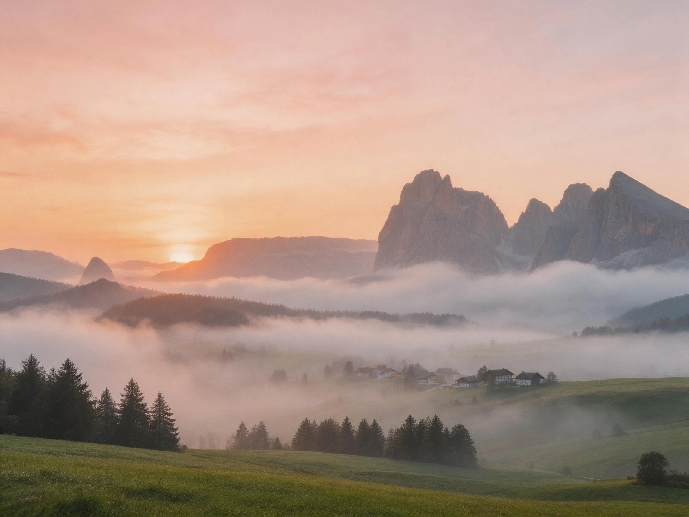 Misty Mountain Valley at Dawn with Green Fields and Distant Homes