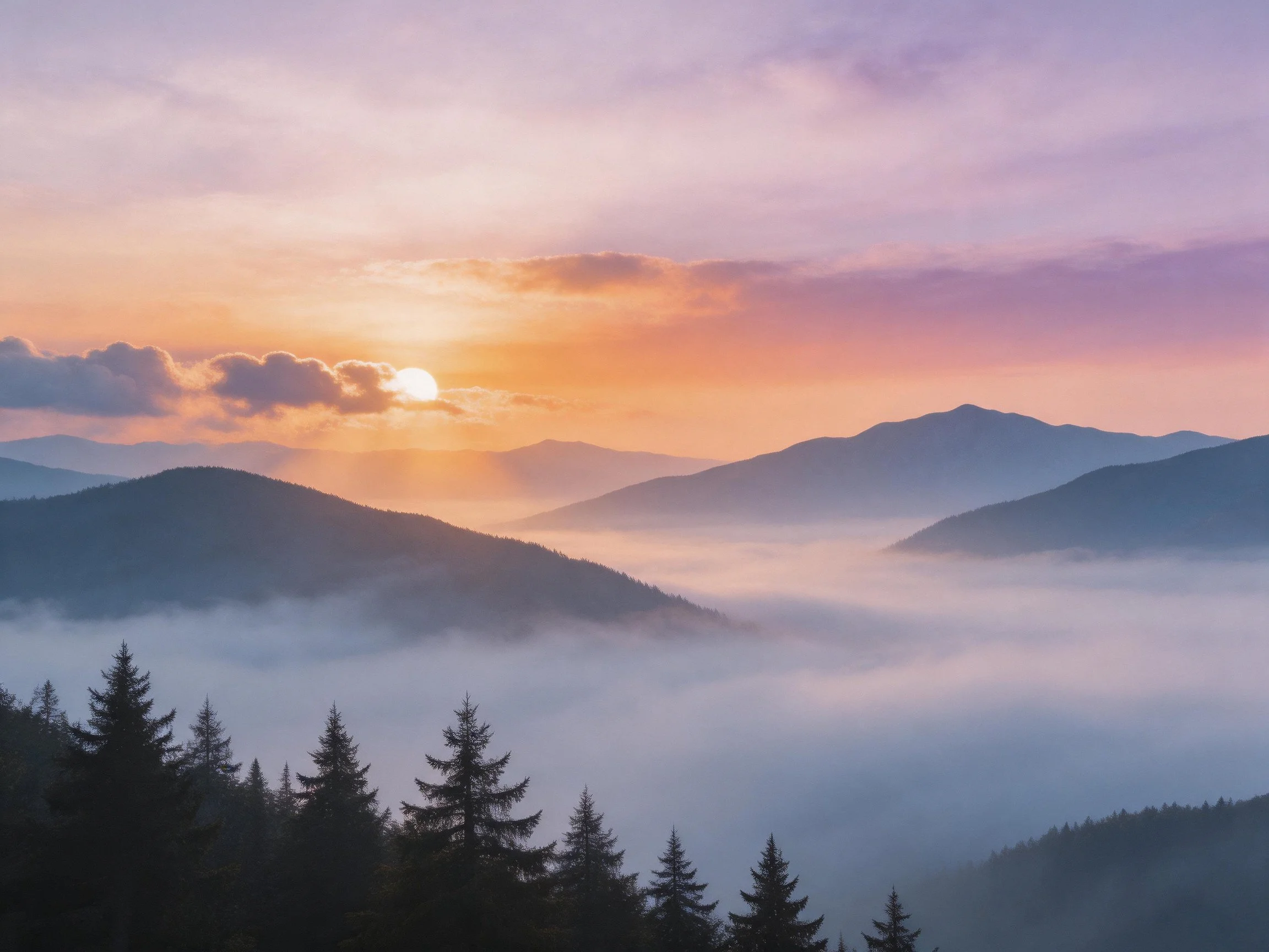 Misty Mountain Valley at Sunset with Silhouetted Pine Trees