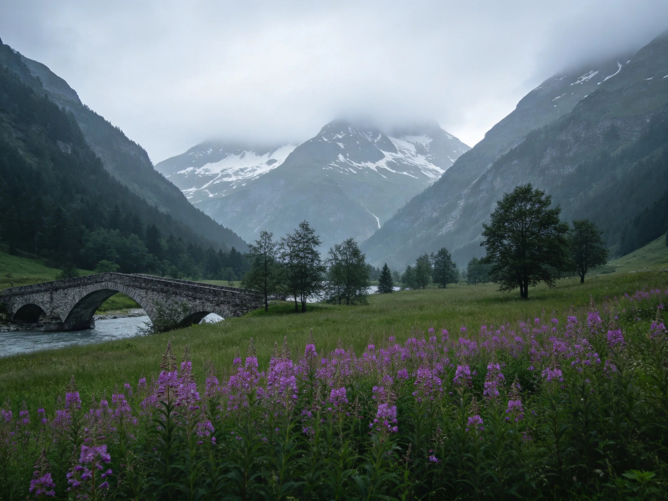 Misty Mountain Valley with Stone Bridge and Purple Wildflowers