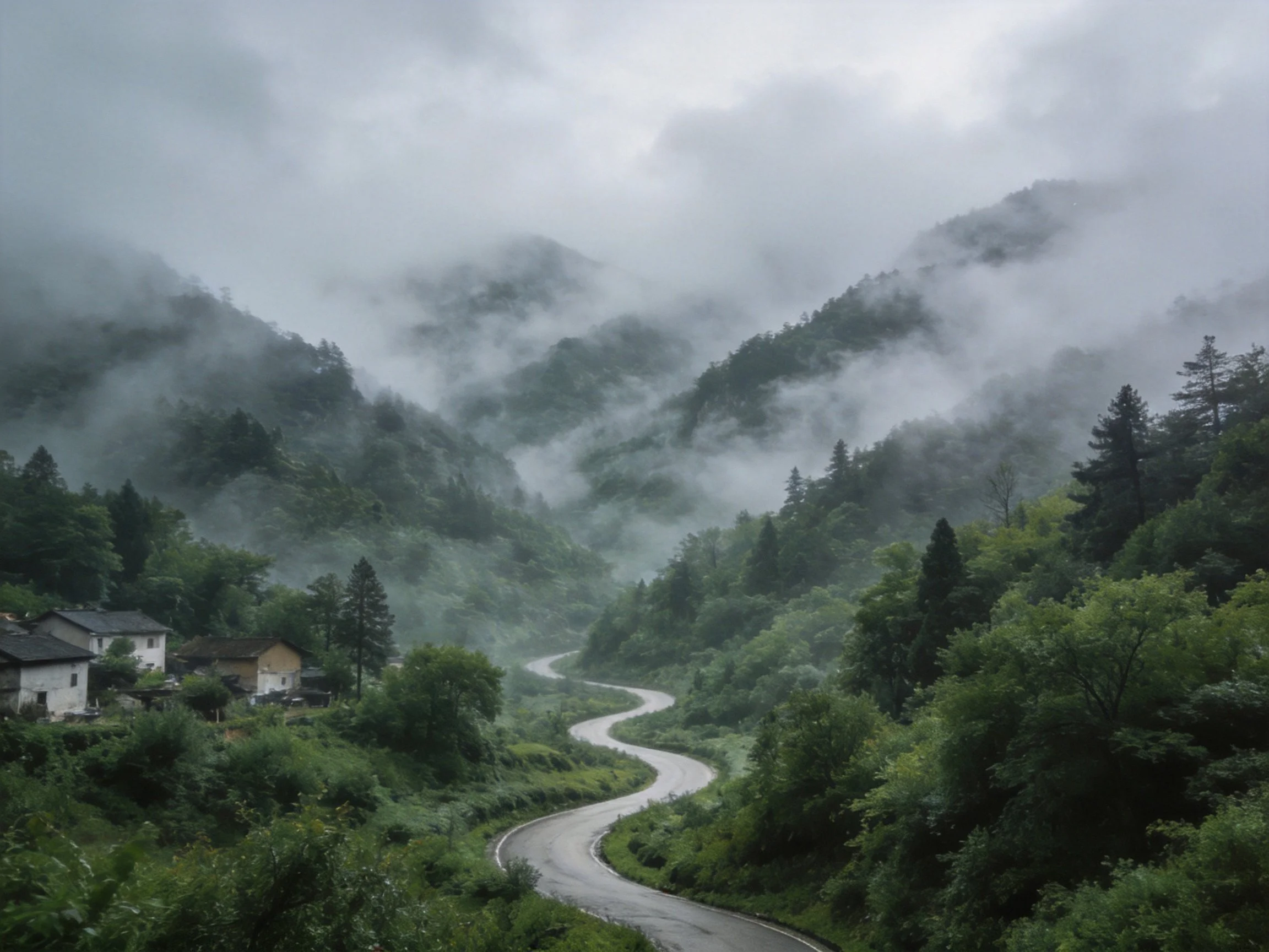 Misty Mountain Valley with Winding Road and Lush Greenery