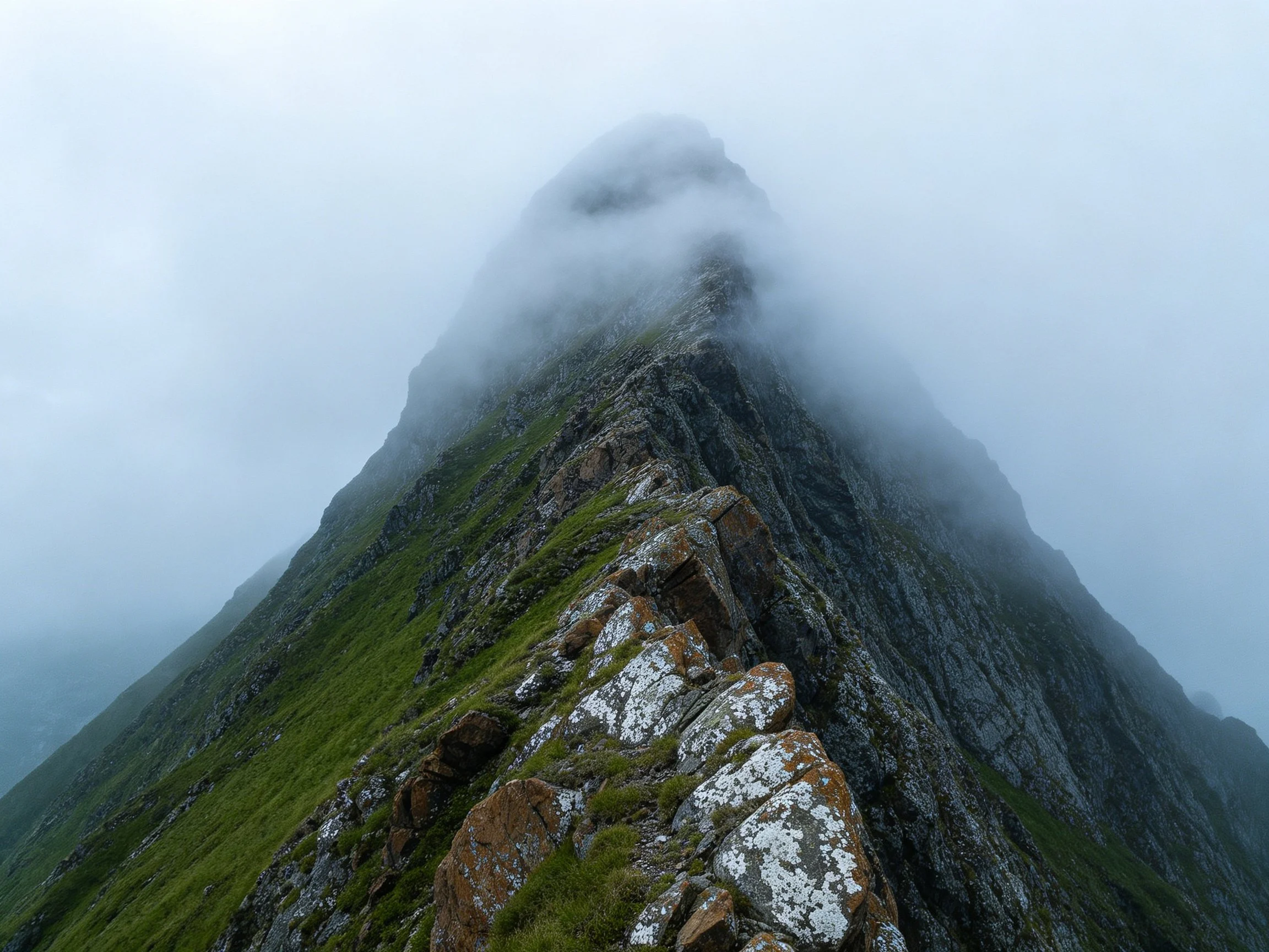Misty Peak with Lichen-Covered Rocky Ridge and Green Slopes