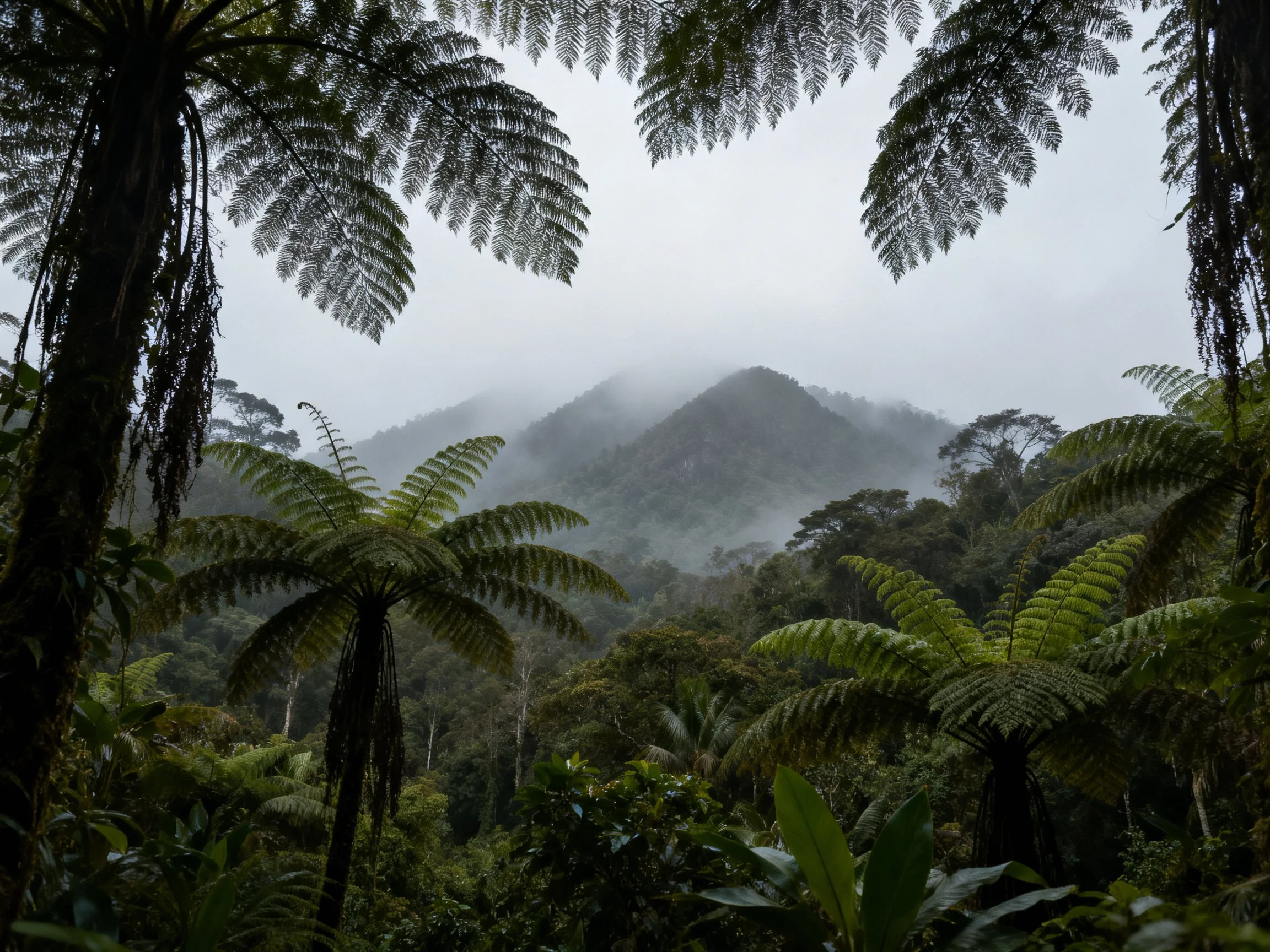 Misty Rainforest with Ferns and Foggy Mountains