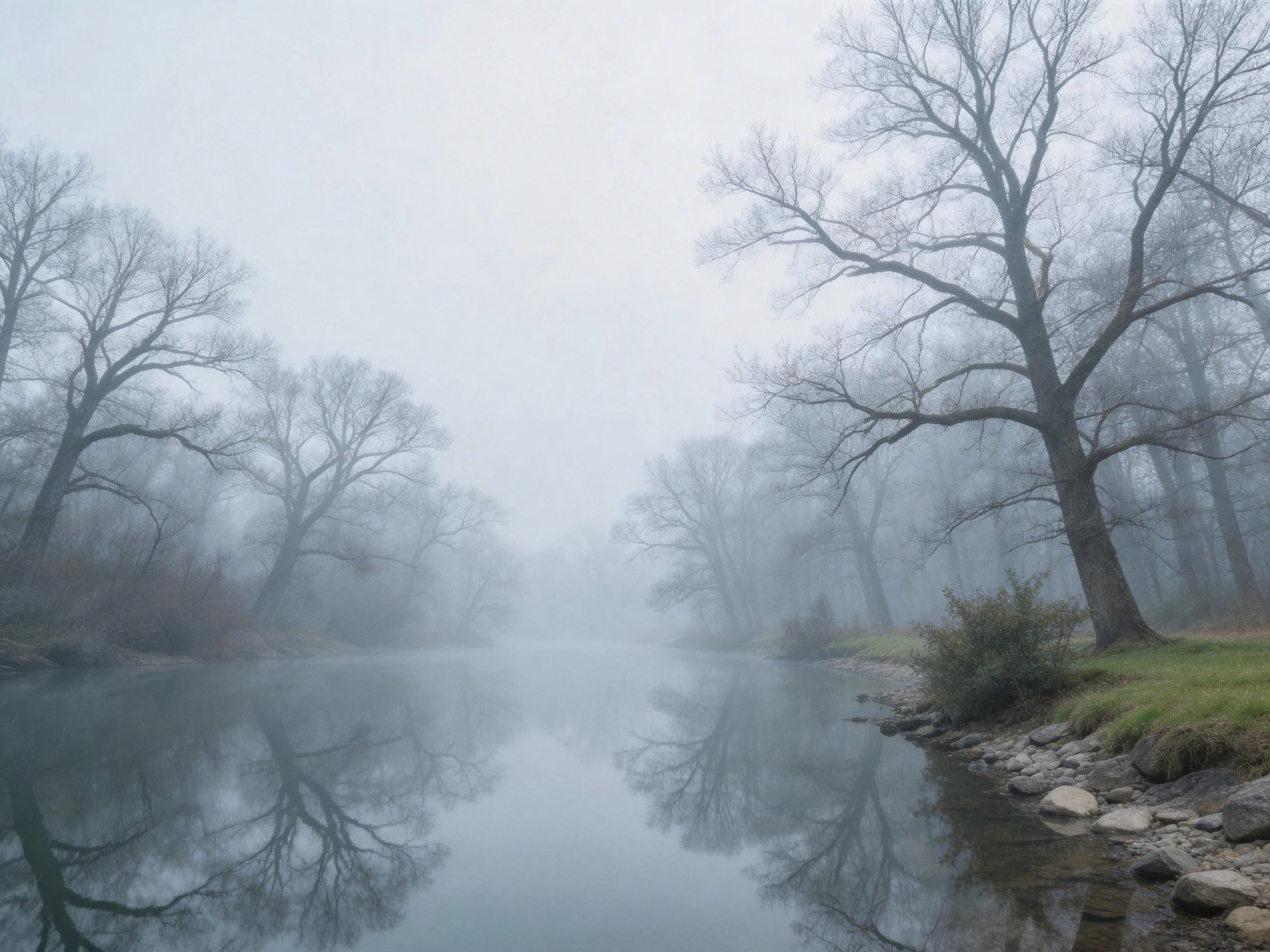 Misty River Scene with Bare Trees and Reflective Waters