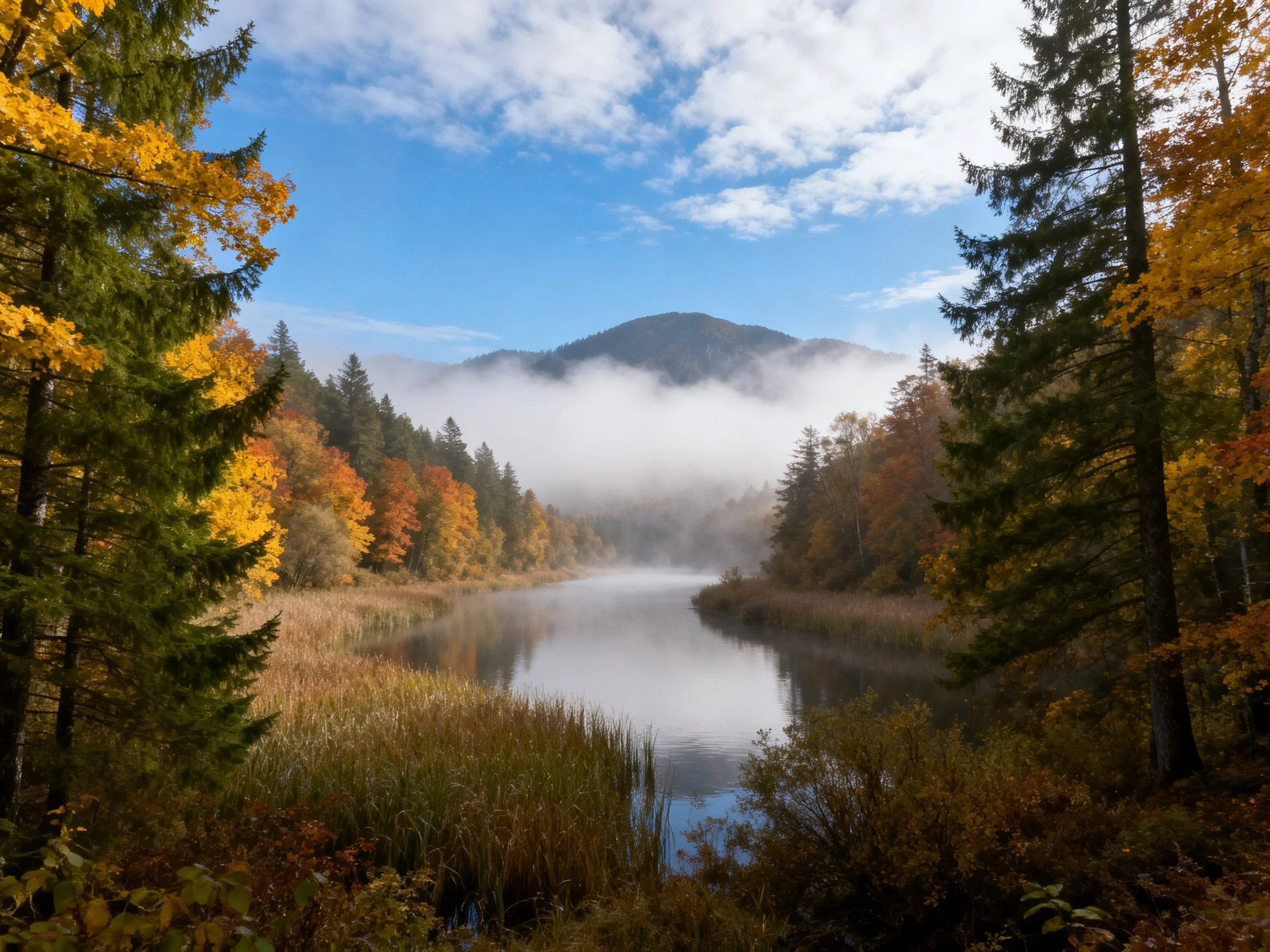 Misty River Surroundedby Autumn-Colored Trees and Forested Mountains
