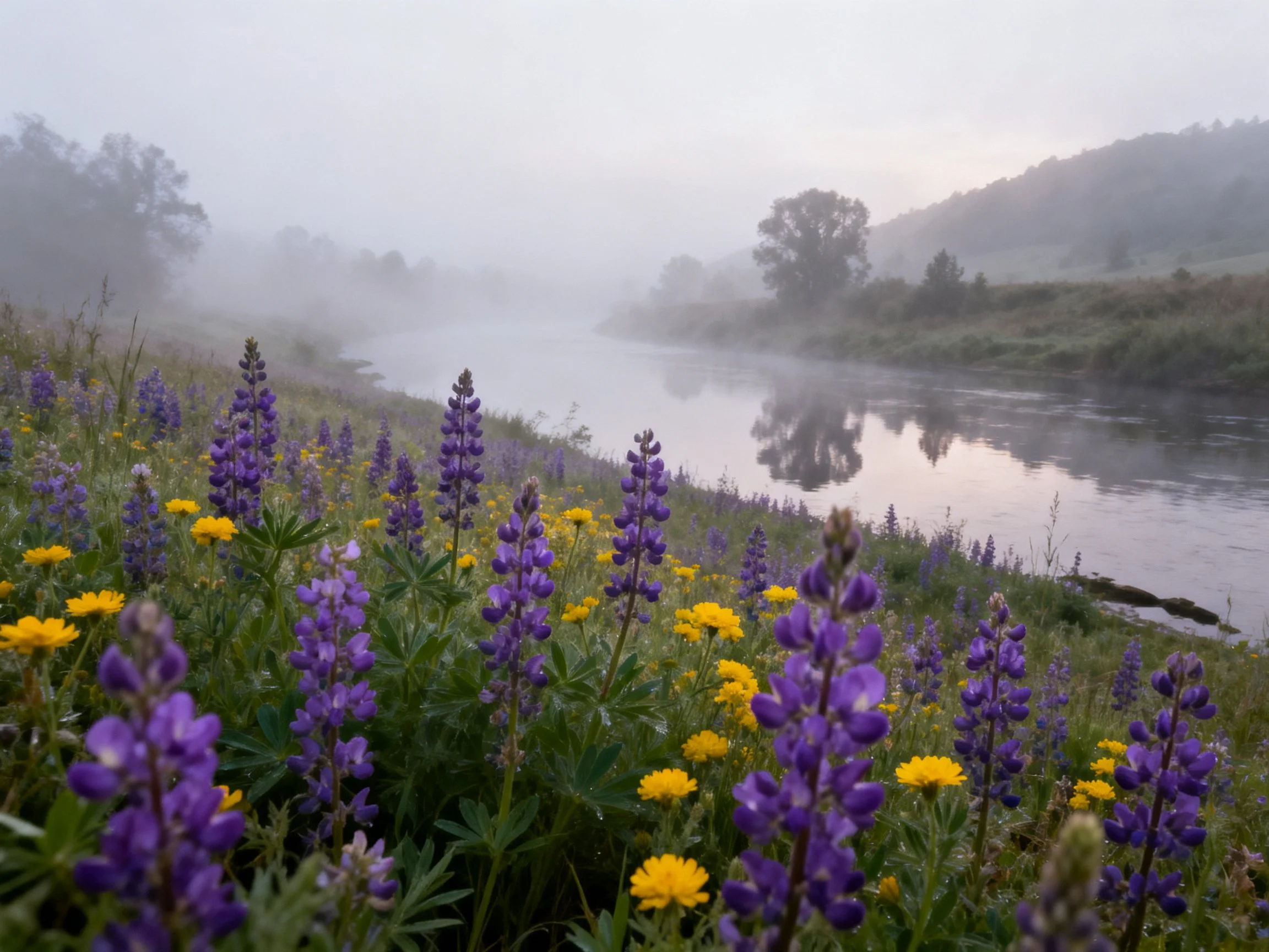 Misty Riverbank with Purple Lupines and Yellow Wildflowers
