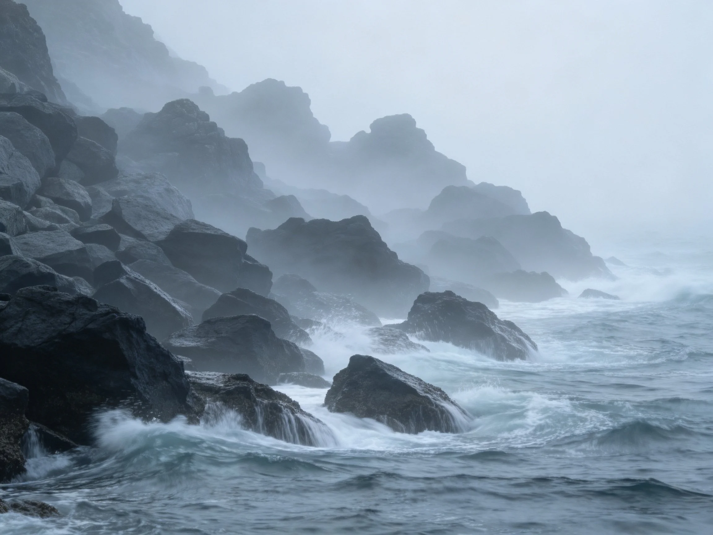 Misty Rocky Shoreline With Crashing Ocean Waves