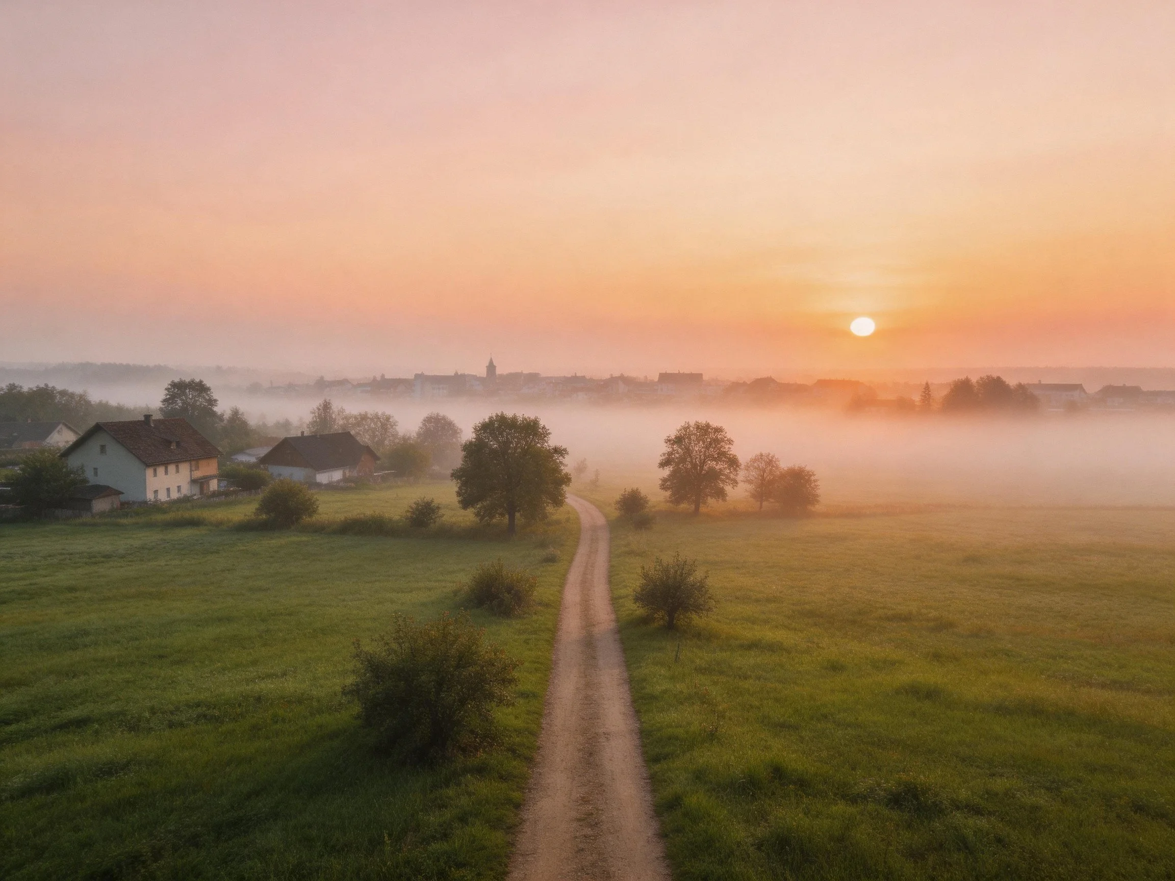 Misty Rural Sunrise Scene with Dirt Road