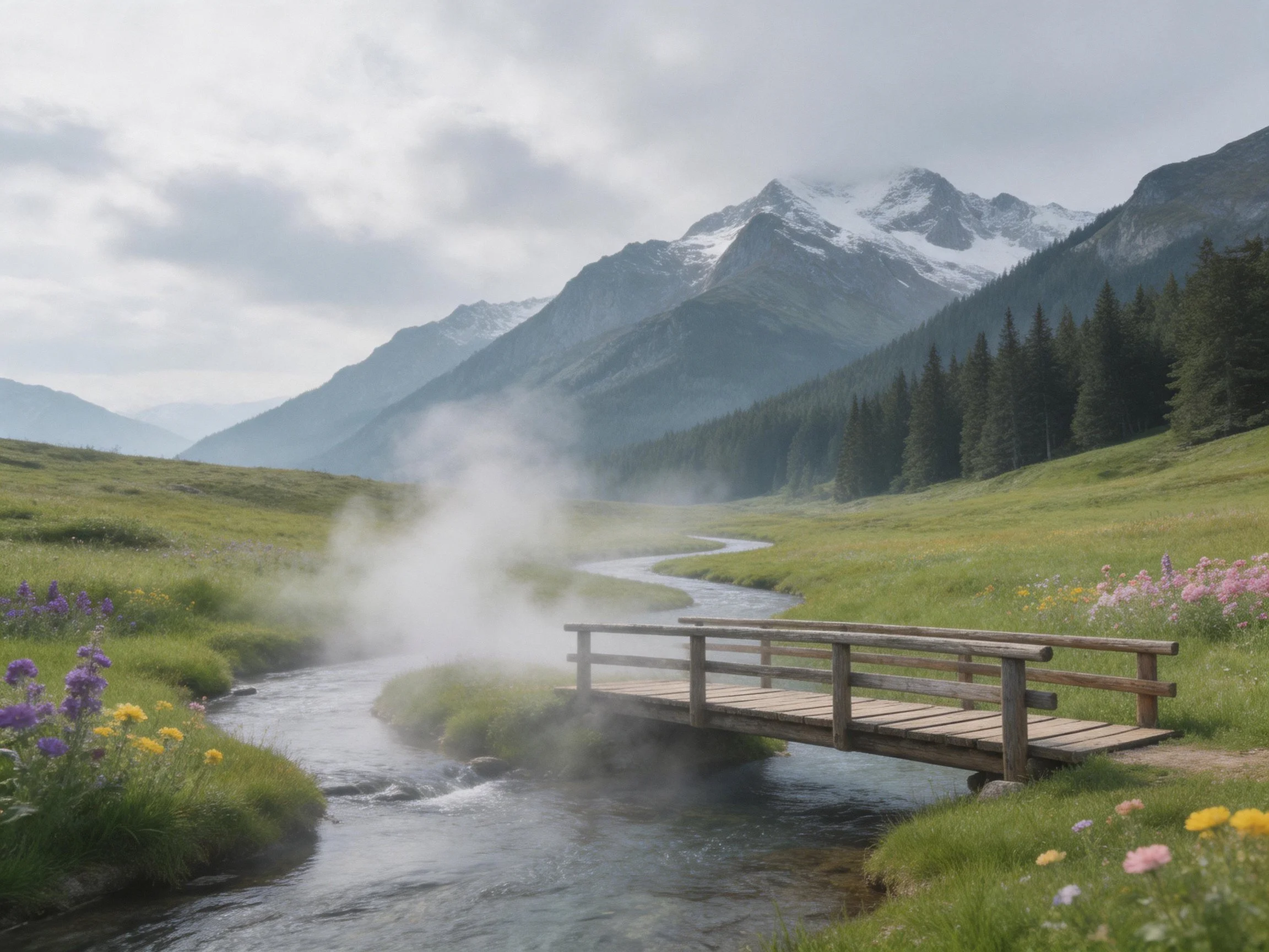 Misty Stream Bridge Near Snow-Capped Mountains