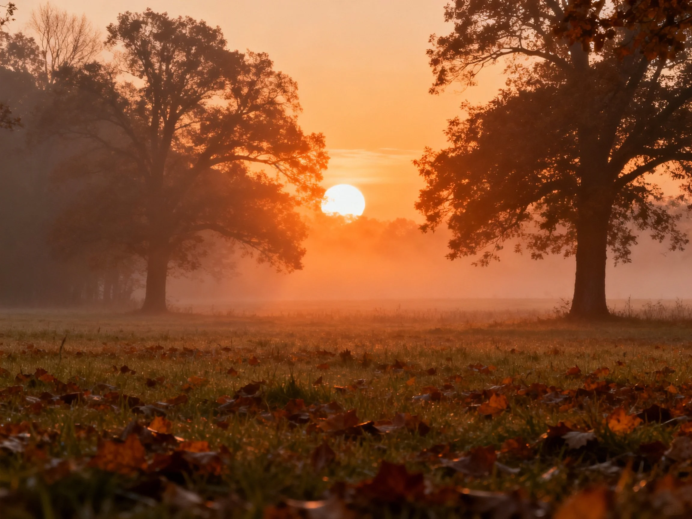 Misty Sunrise Over Open Field With Two Large Trees
