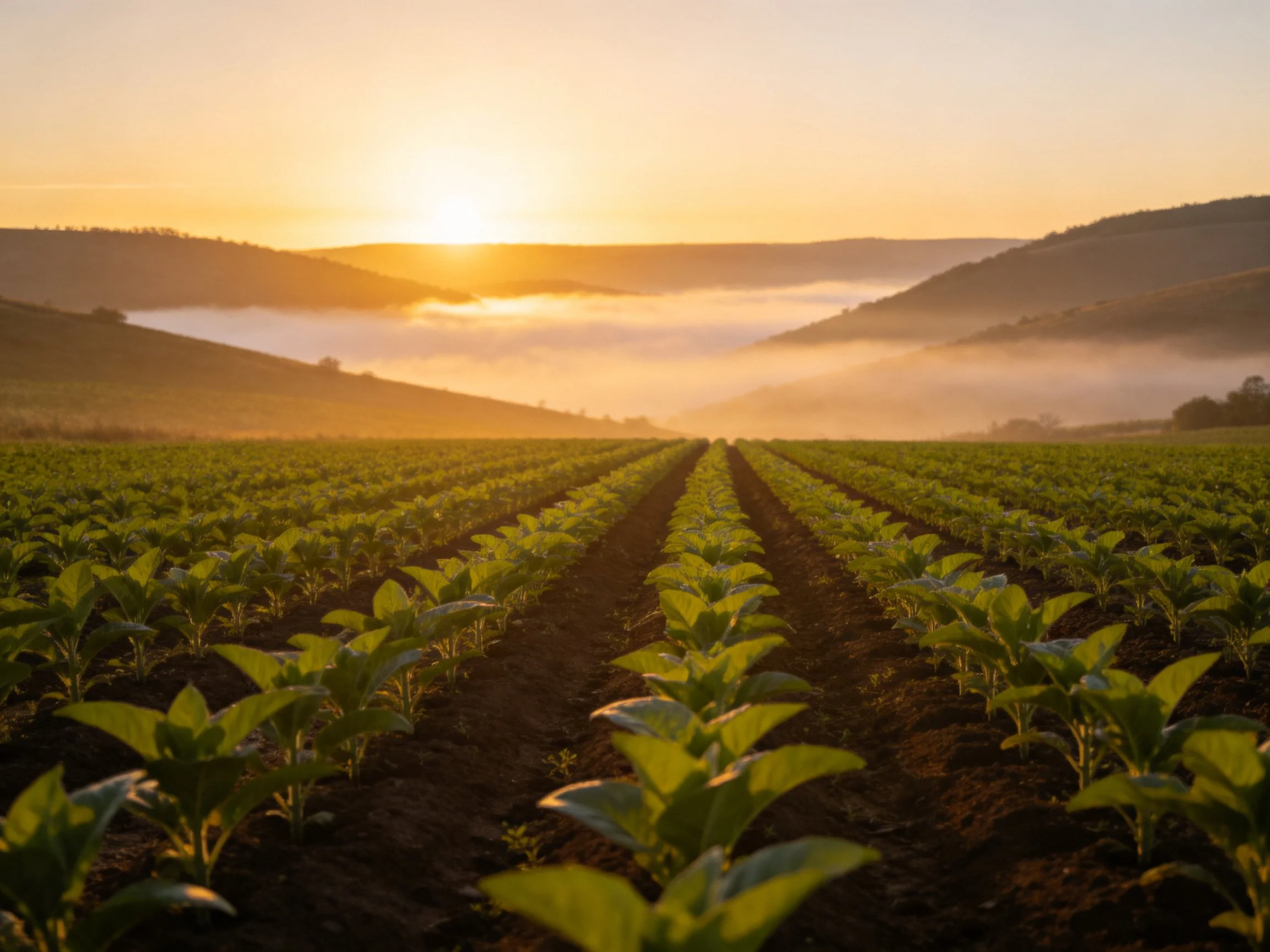 Misty Valley Farm Field at Golden Sunrise