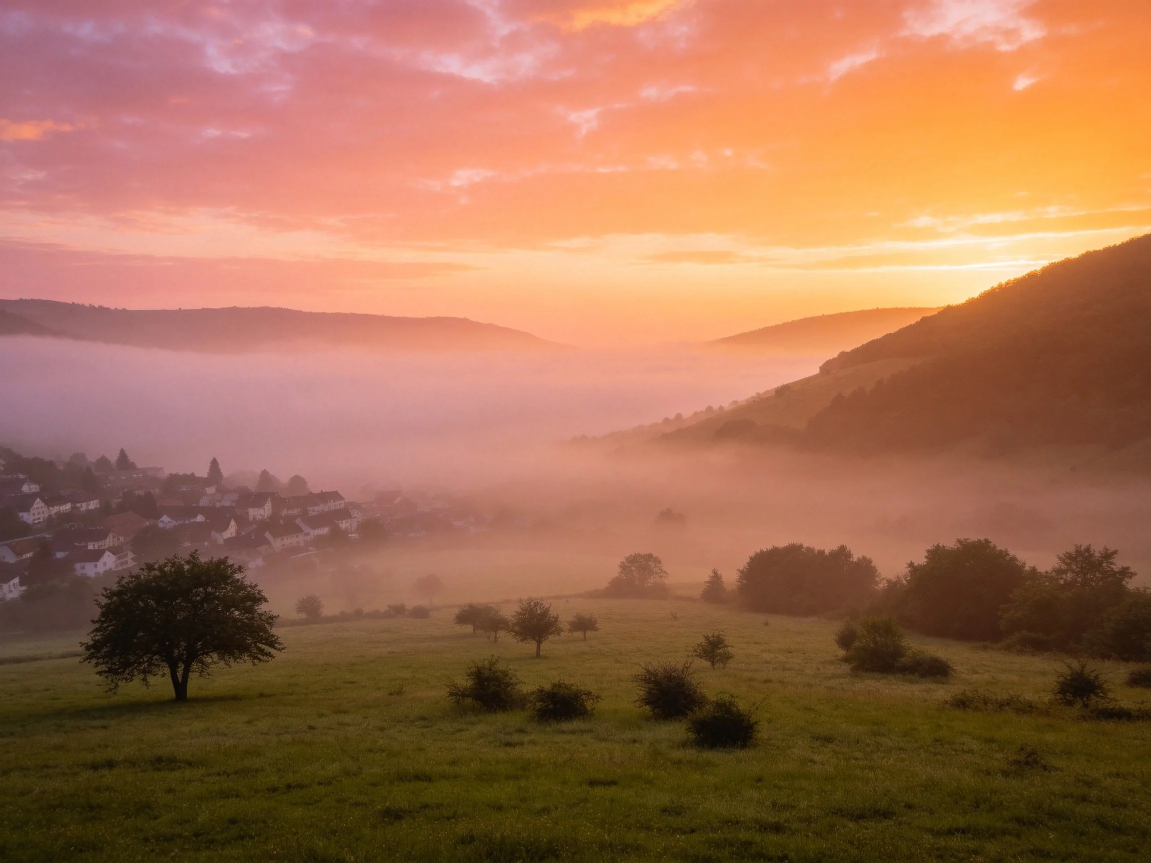 Misty Valley Sunrise with Rolling Hills and Village