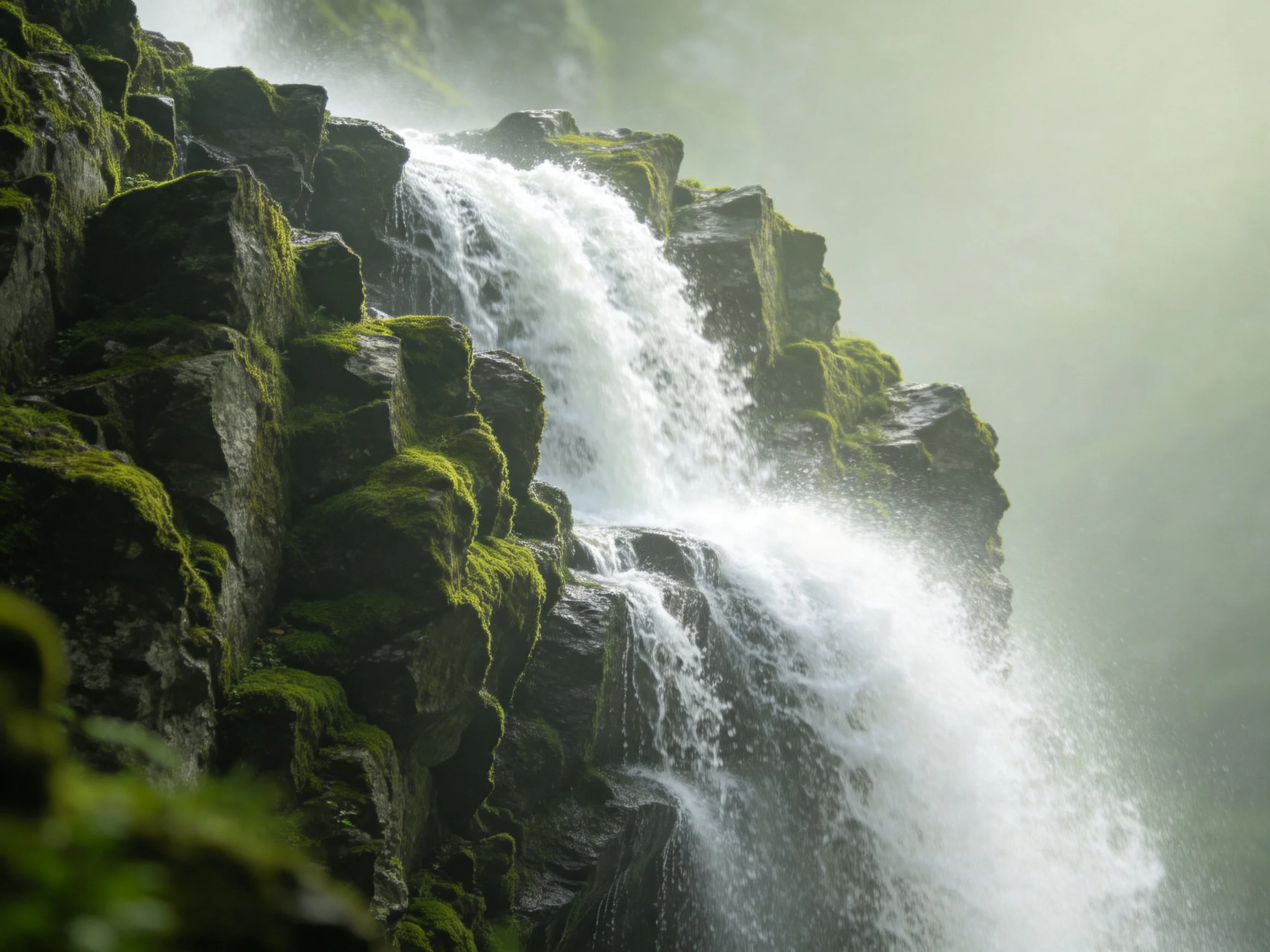 Misty Waterfall Over Mossy Dark Rocks