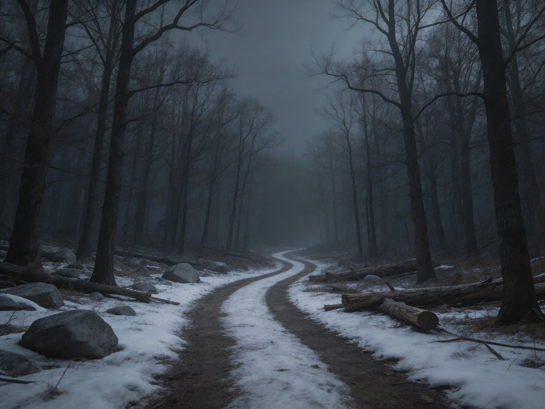 Misty Winter Forest Path With Snow-Lined Dirt Trail
