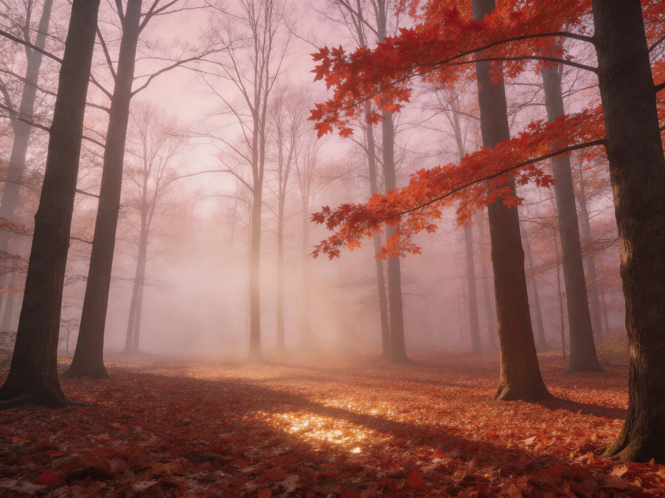 Misty autumn forest with tall trees and red leaves