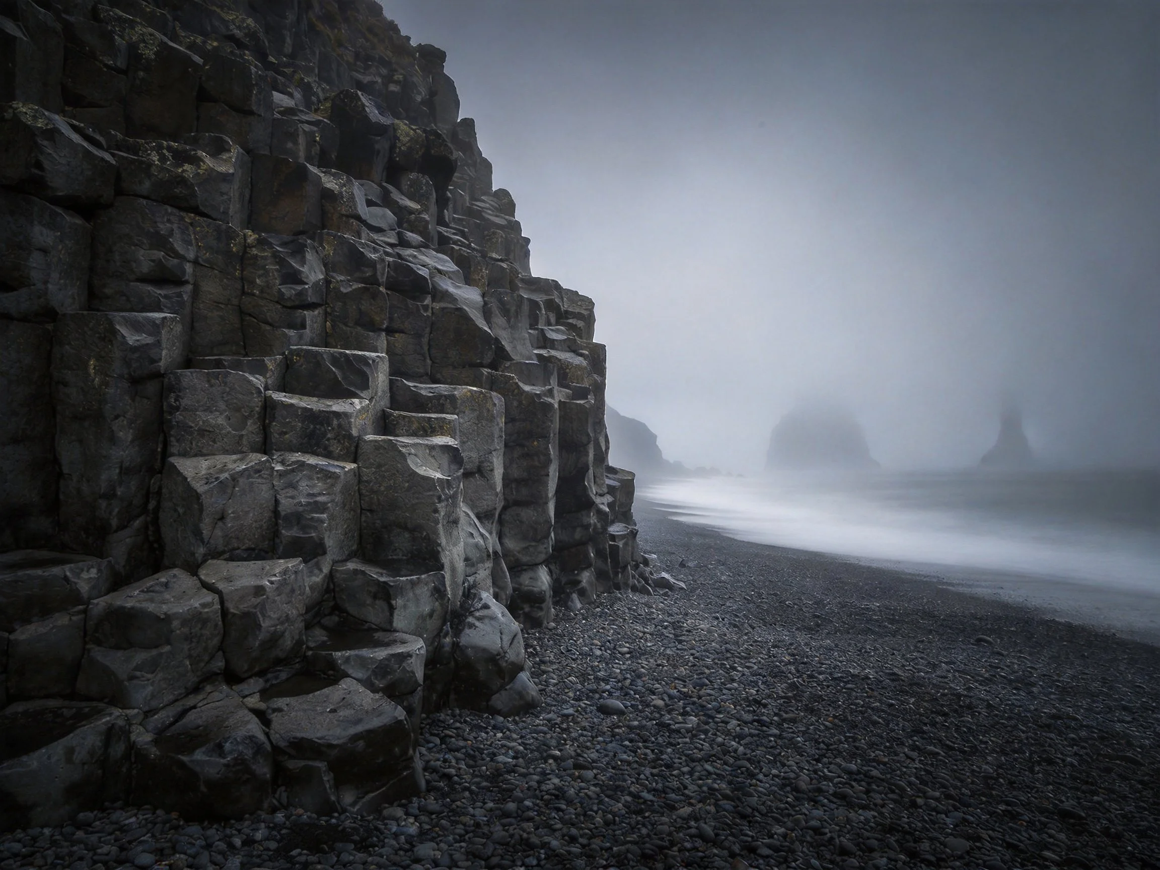 Misty coastal cliffs with hexagonal stone formations and dark pebbles