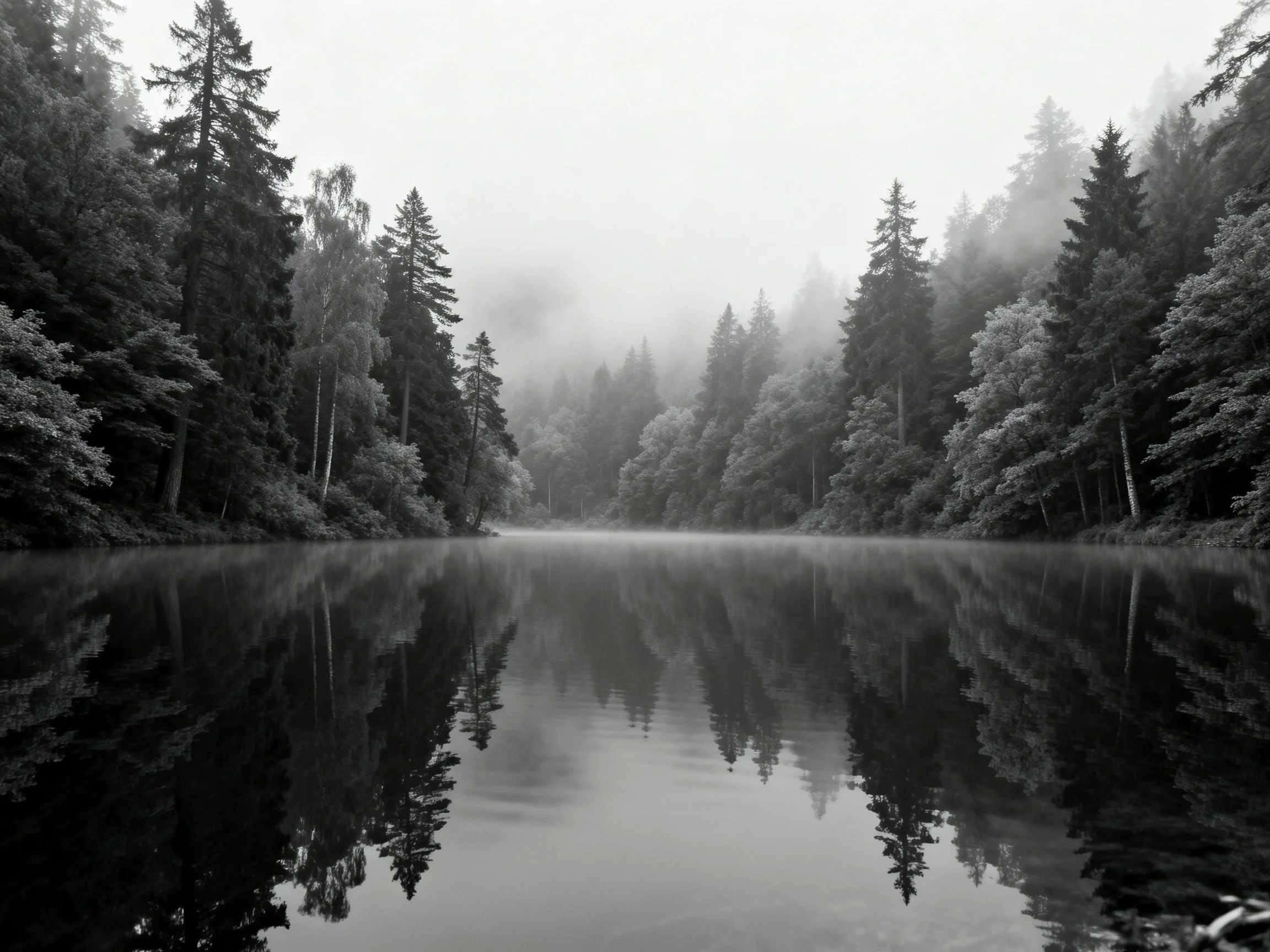 Misty forest landscape with calm water reflections