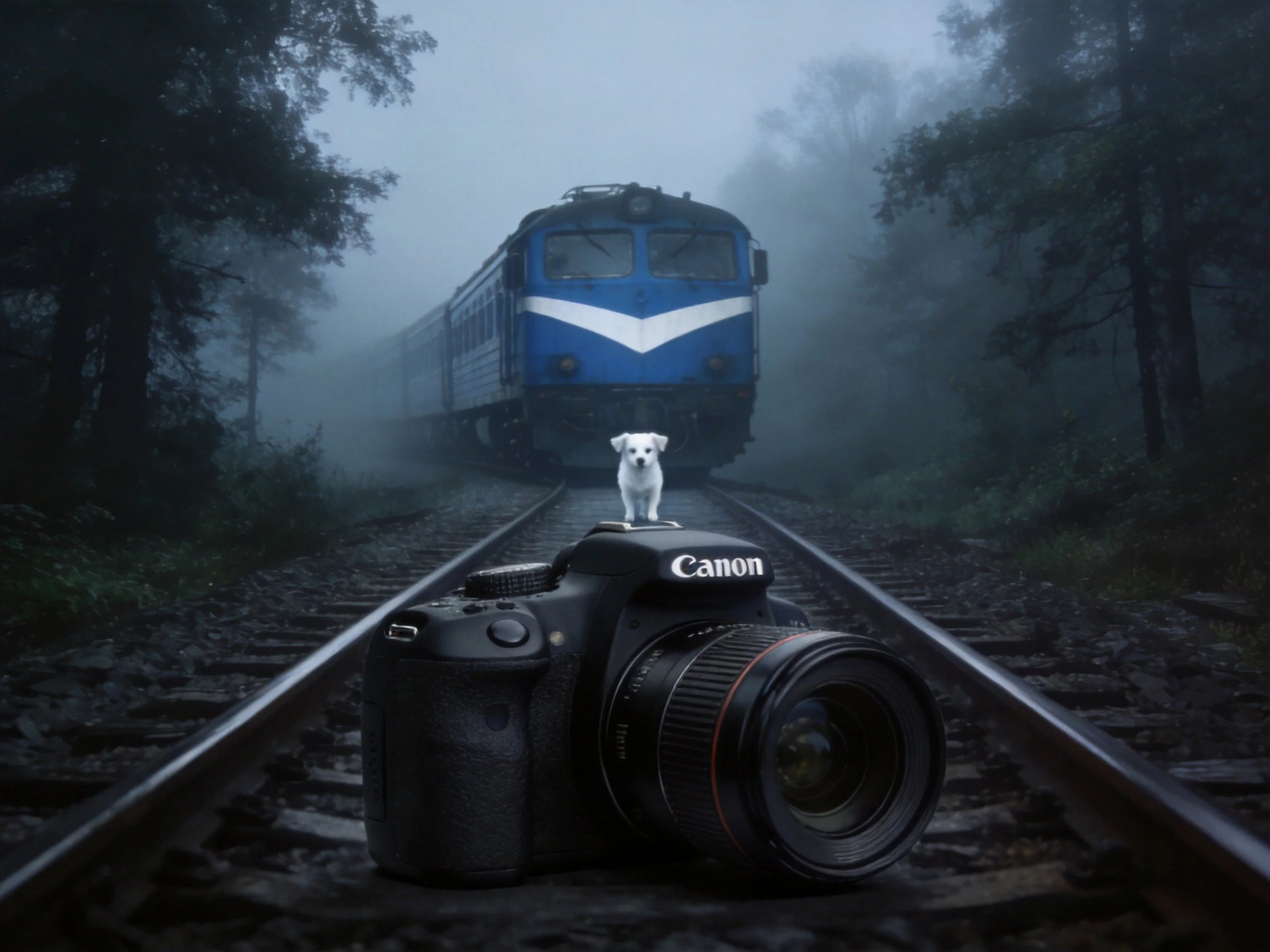 Misty forest track with blue train, Canon camera, and small white dog