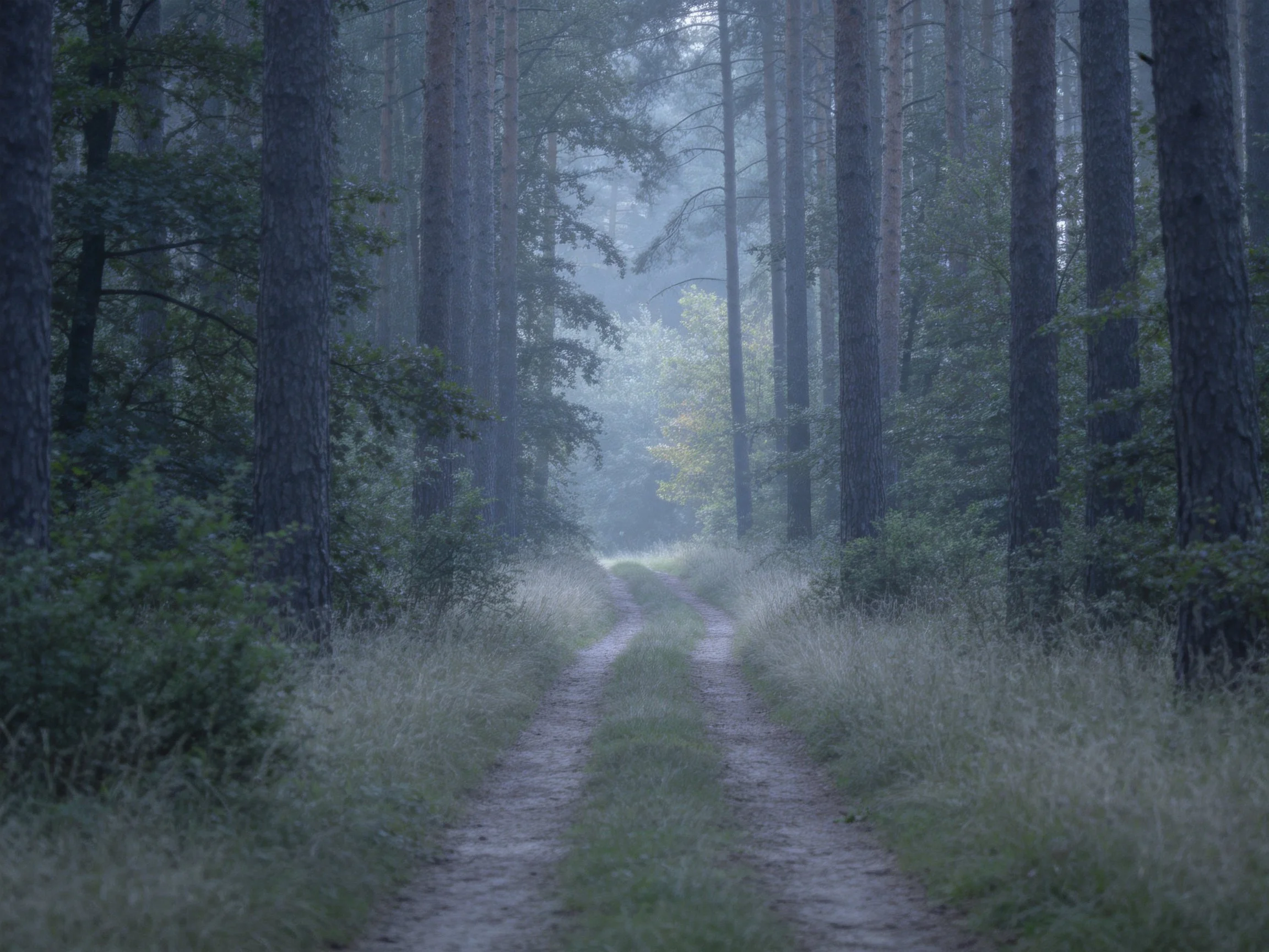 Misty forest trail flanked by tall trees and lush vegetation