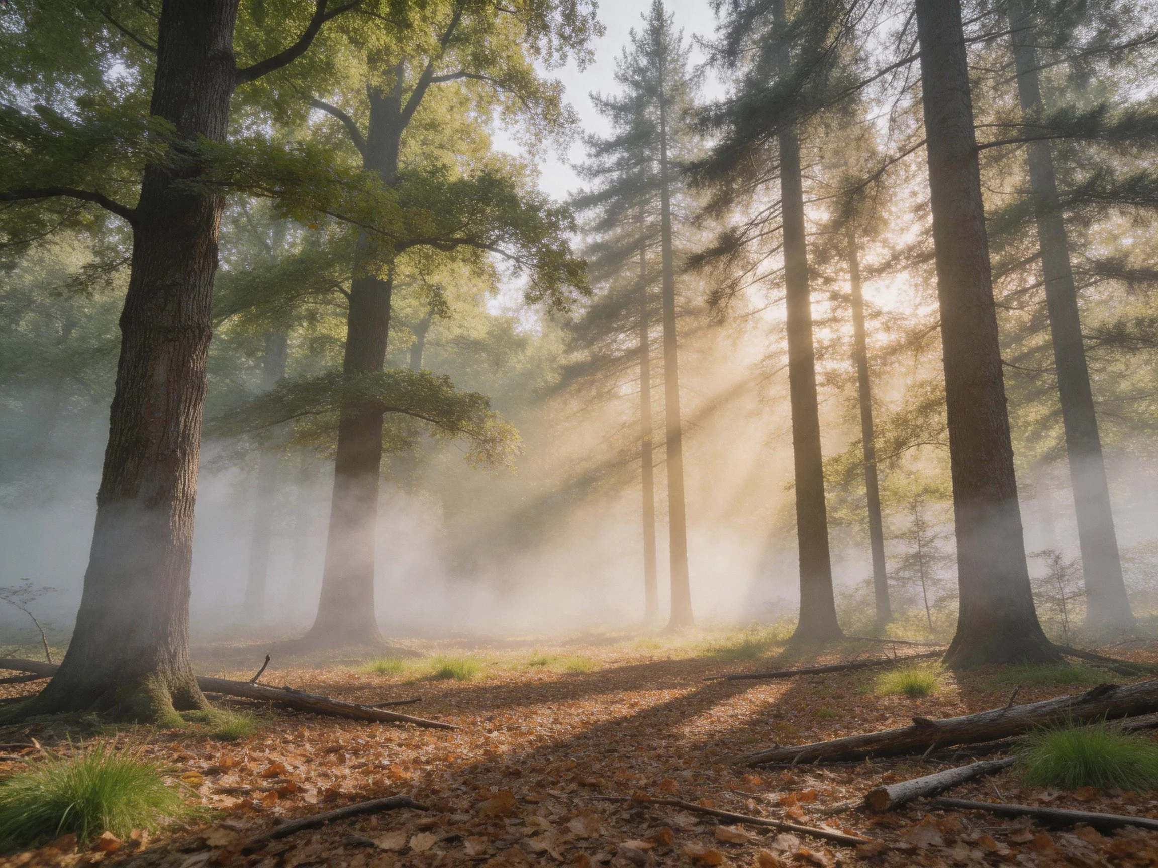 Misty forest with golden sunlight streaming through tall trees