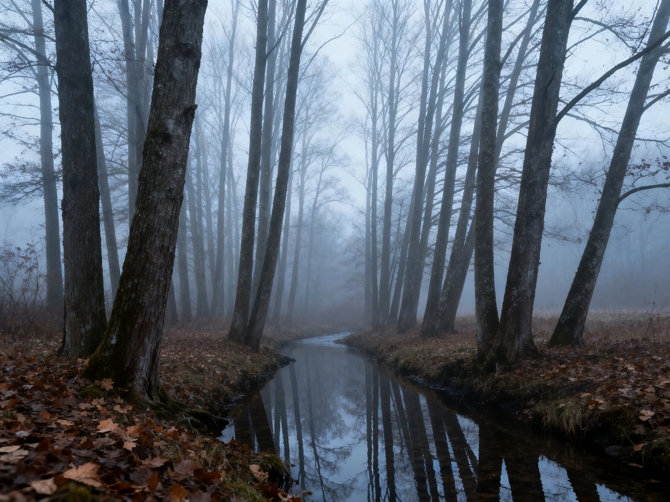 Misty forest with tall leafless trees encloses a narrow stream reflecting the trees