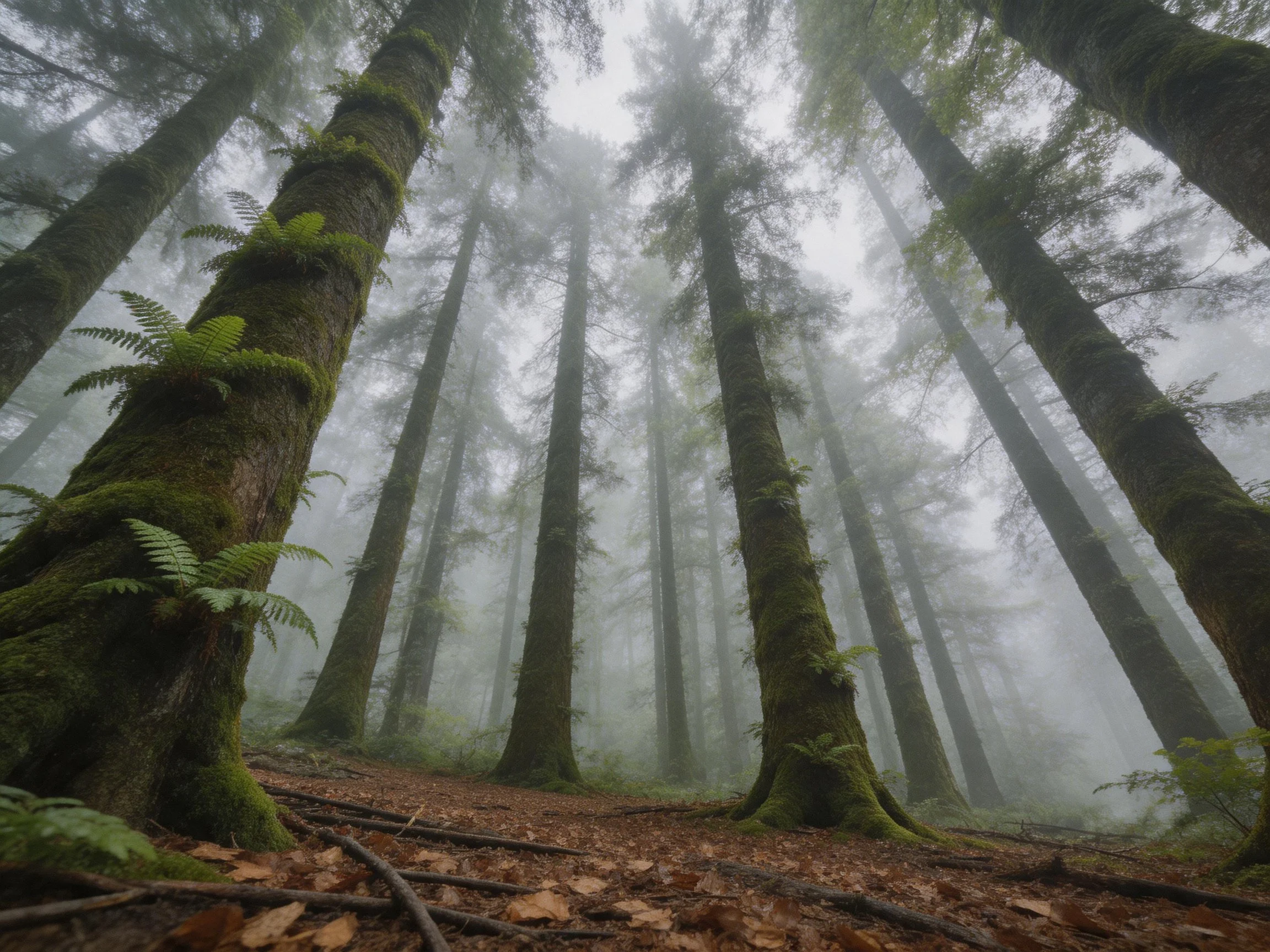 Misty forest with tall moss-covered trees and ferns