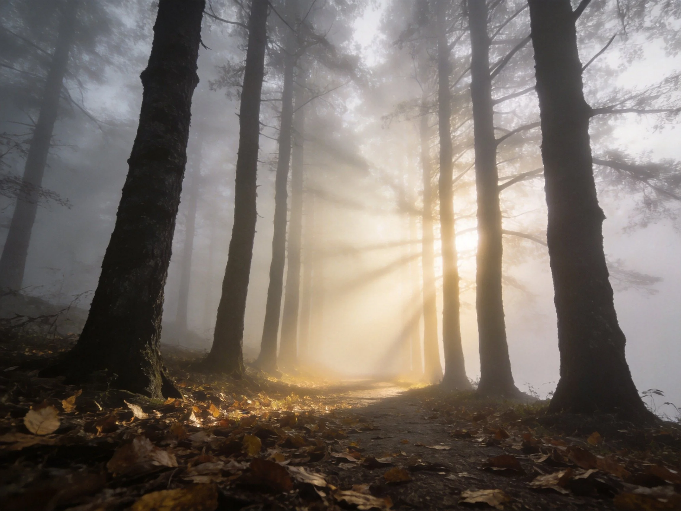 Misty forest with tall trees and golden sunlight rays