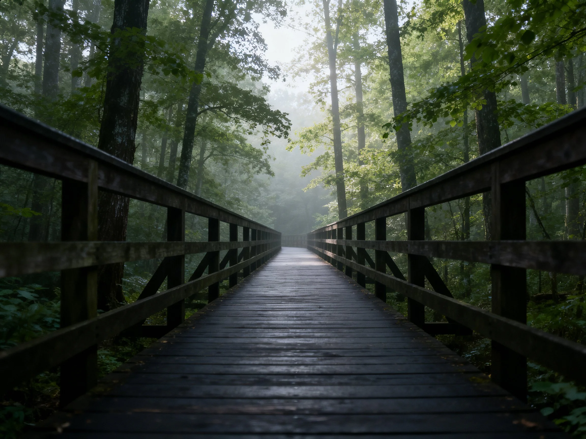 Misty forest with wooden walkway surrounded by tall trees