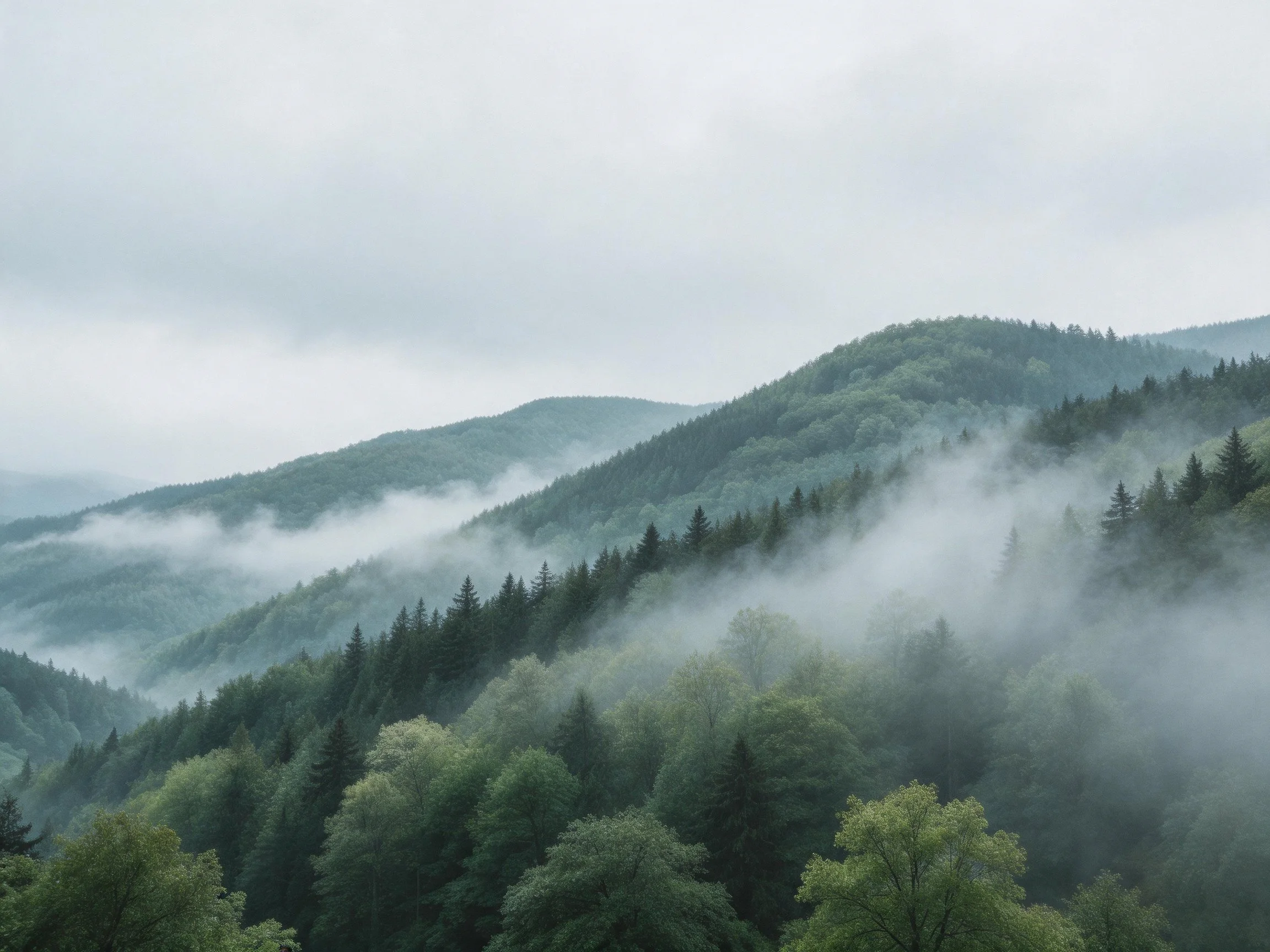 Misty forested mountain slopes with rolling hills