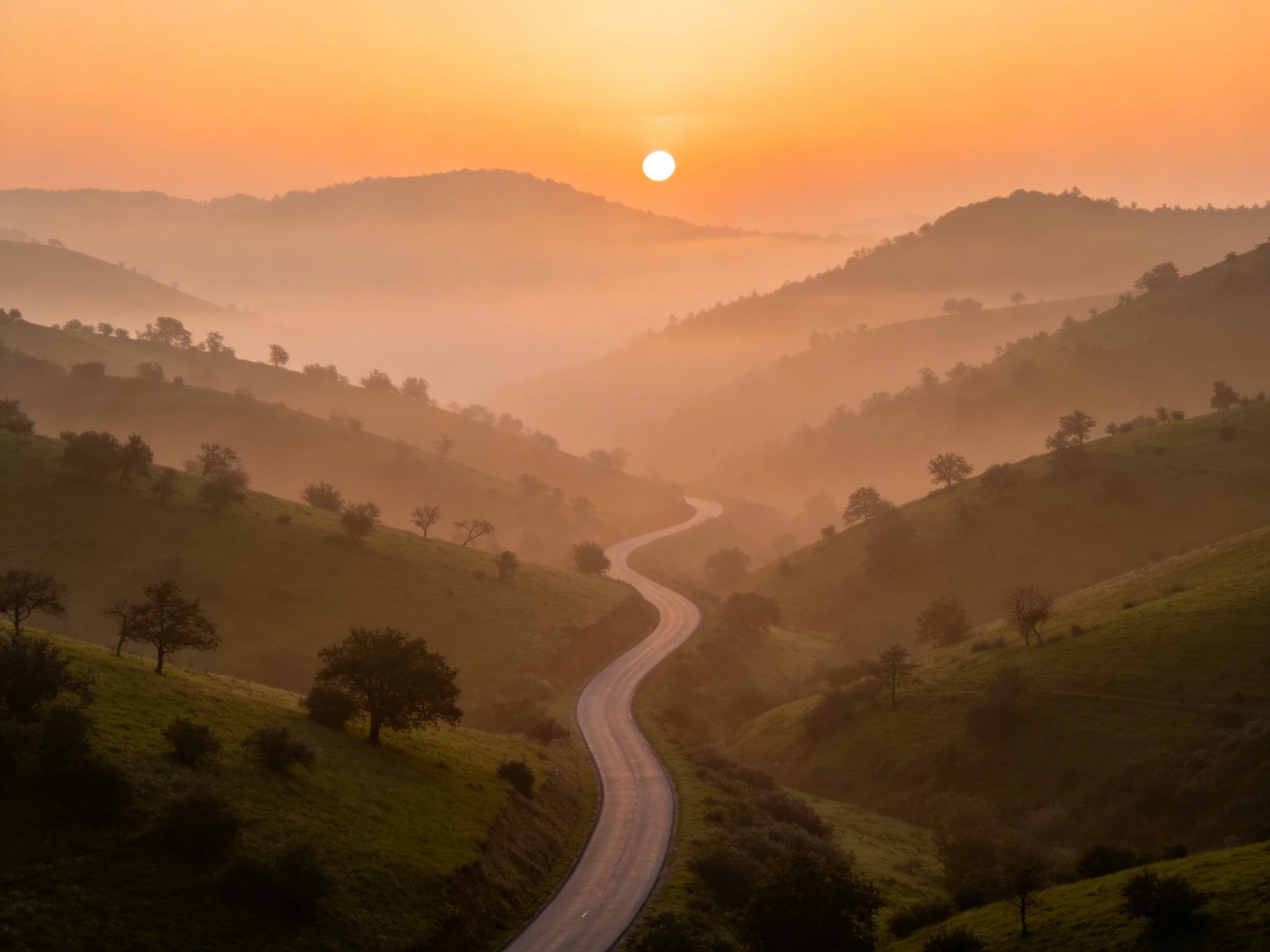 Misty green hills with a winding road at sunrise