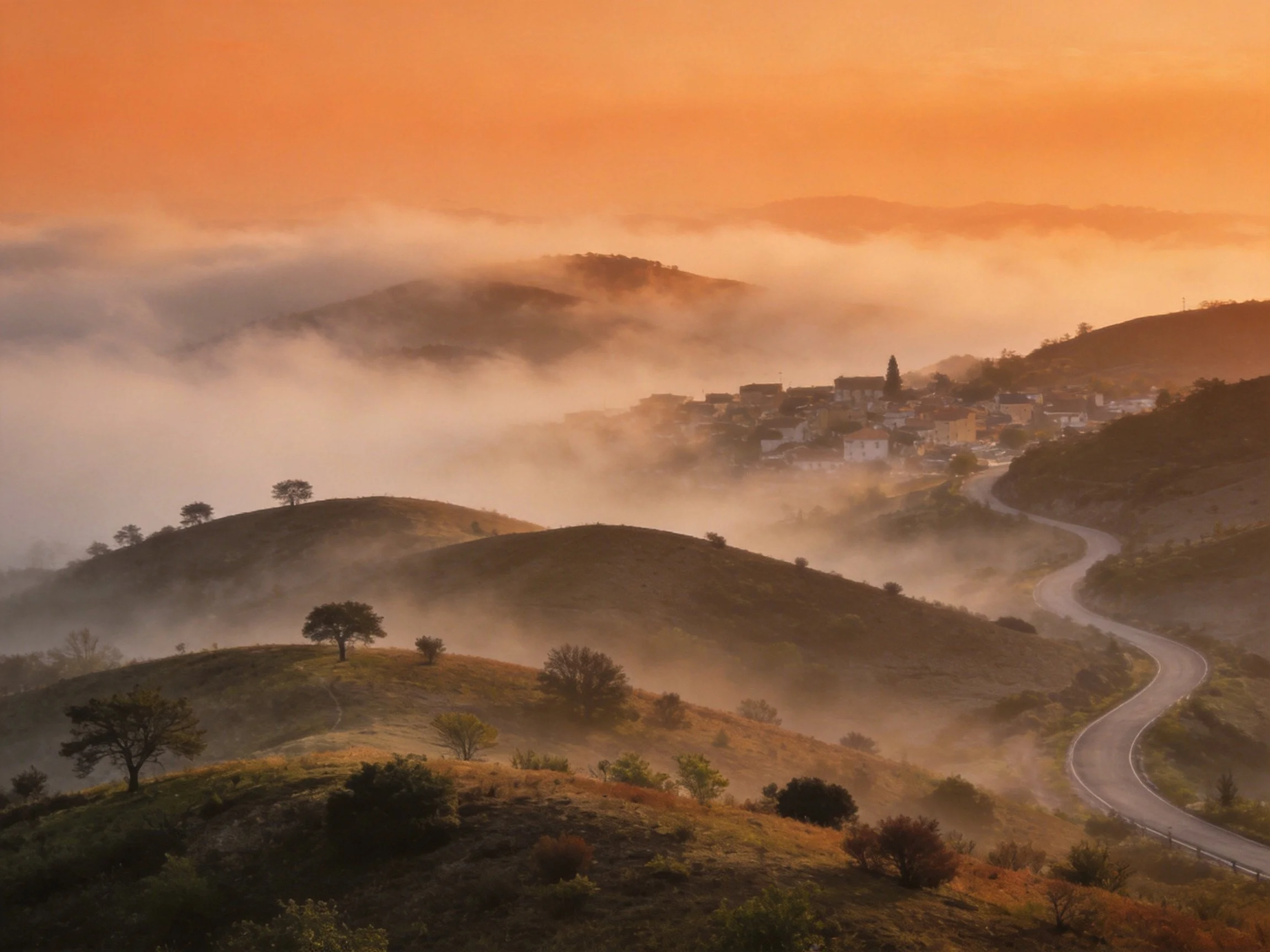 Misty hills surround a village with a winding road under an orange sky