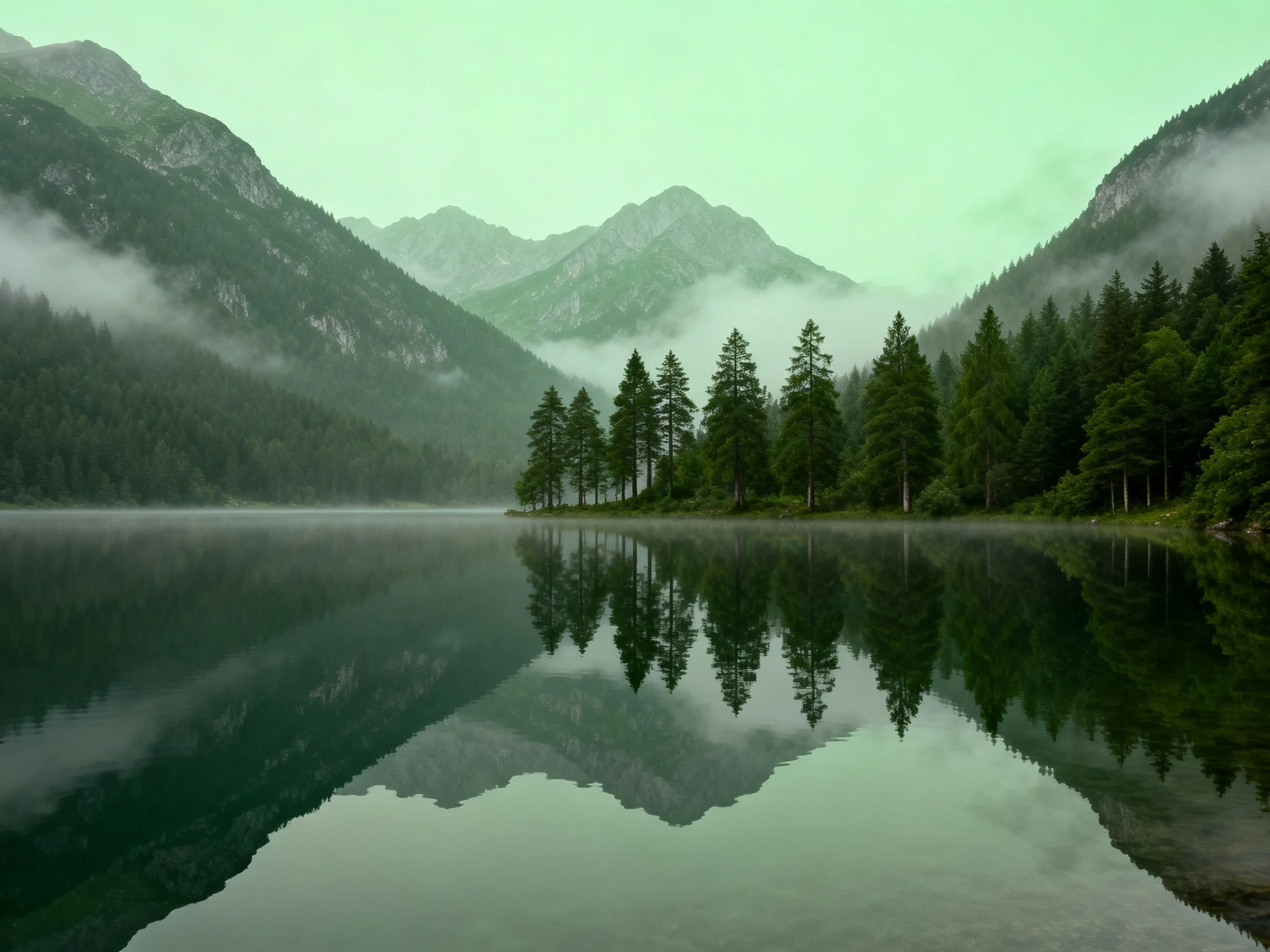 Misty mountain lake reflecting dense evergreen forest