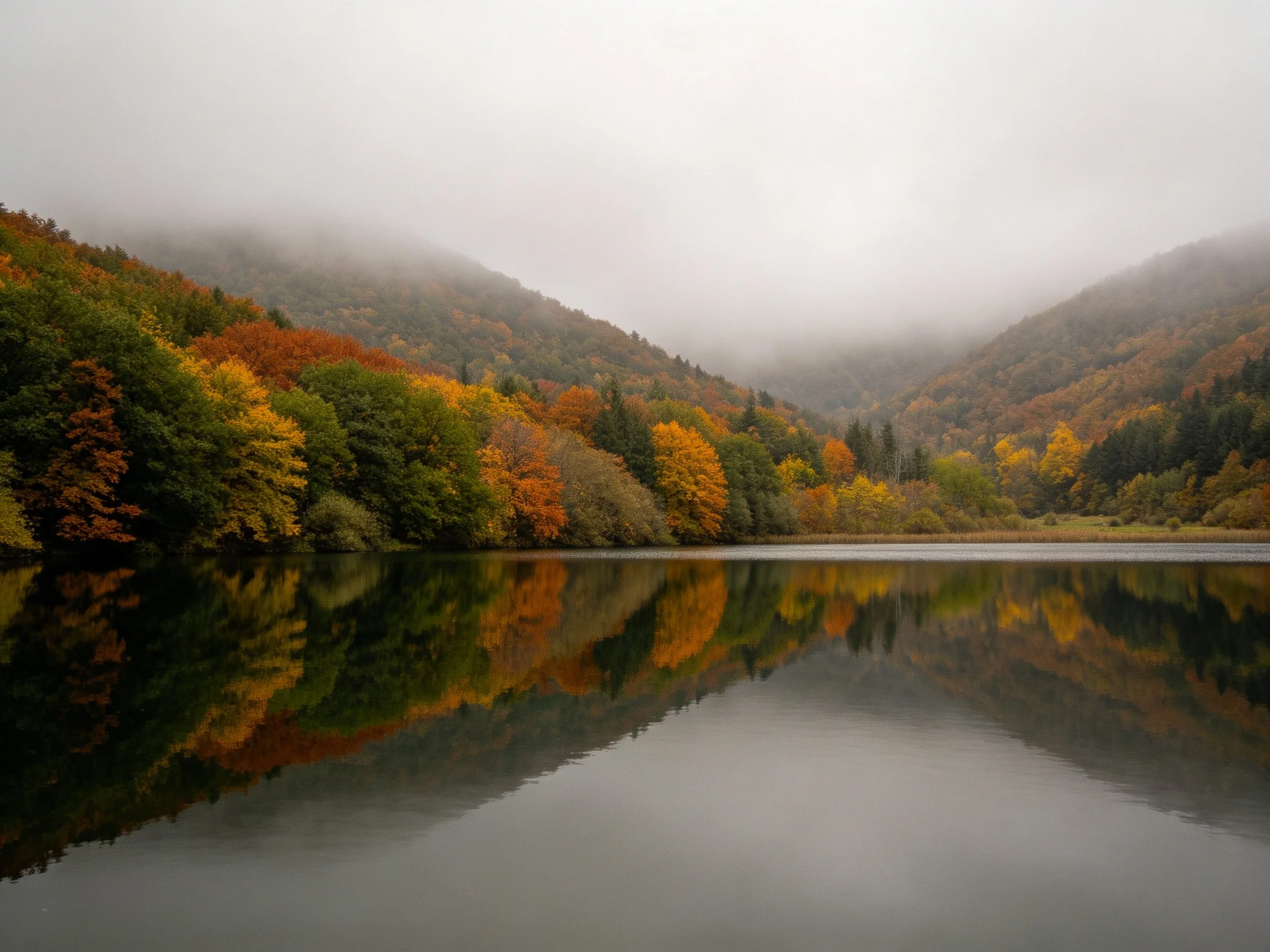 Misty mountain lake reflects vibrant fall foliage and foggy peaks.