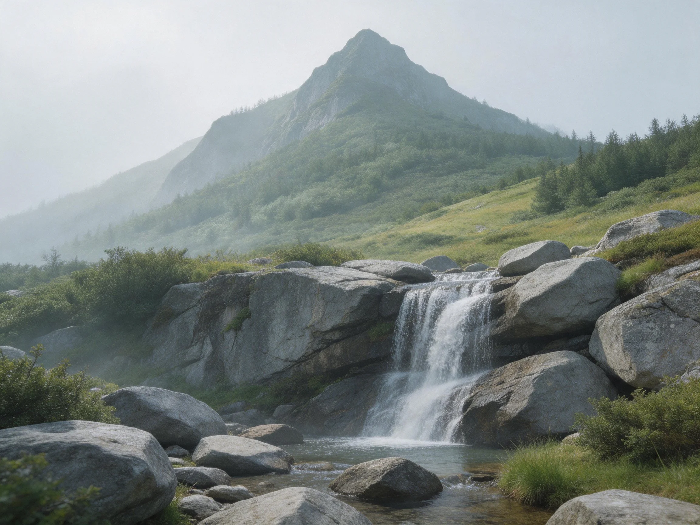Misty mountain landscape with cascading waterfall over large rocks