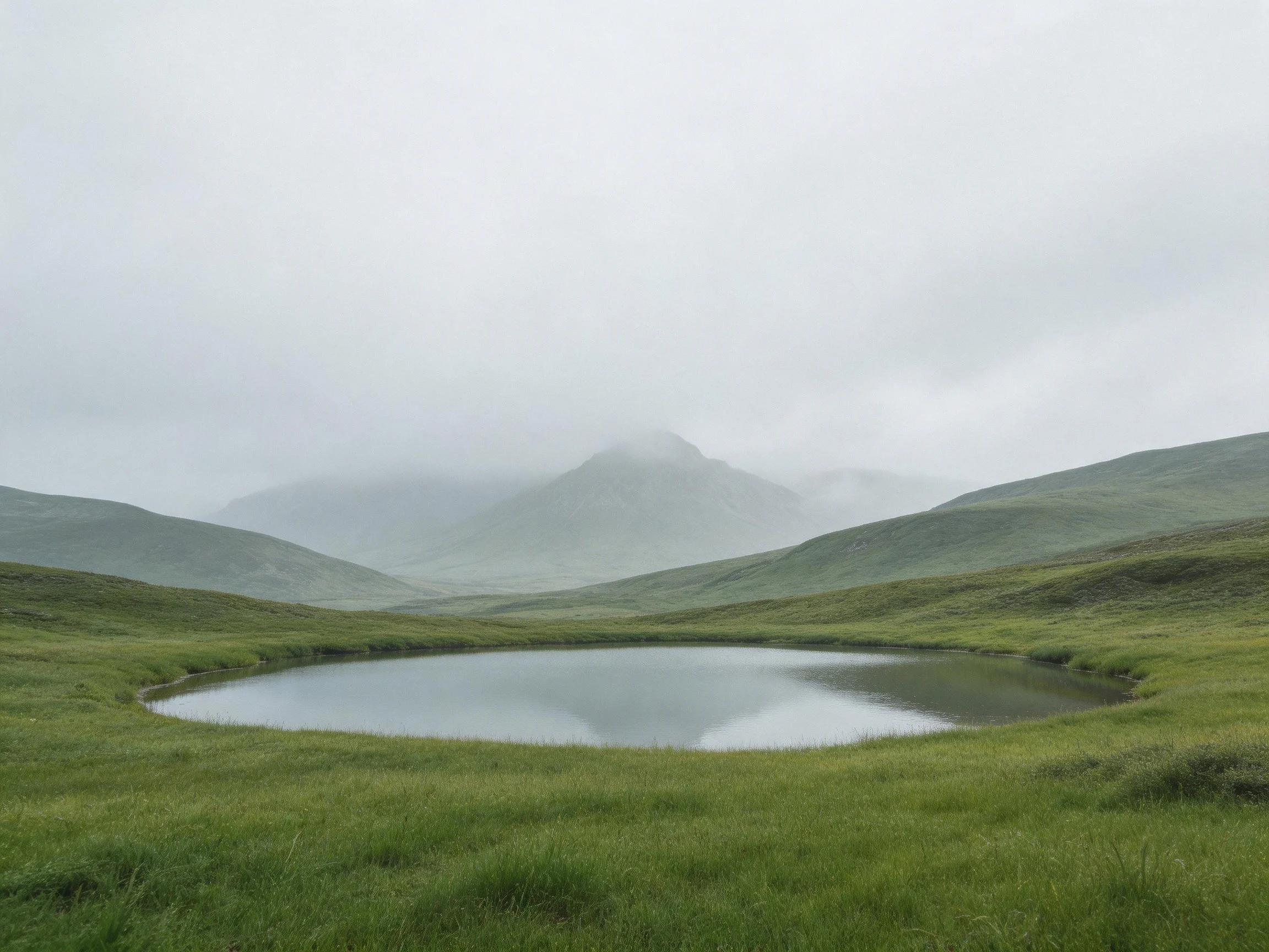 Misty mountain landscape with circular pond and lush green fields