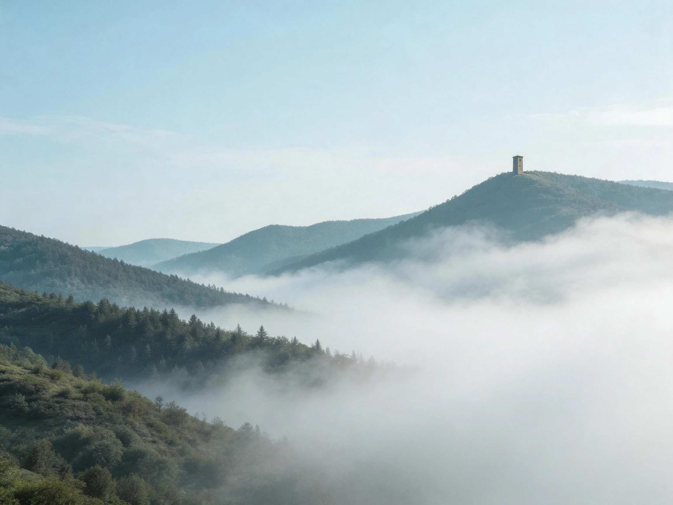 Misty mountain landscape with forested slopes and a hilltop tower