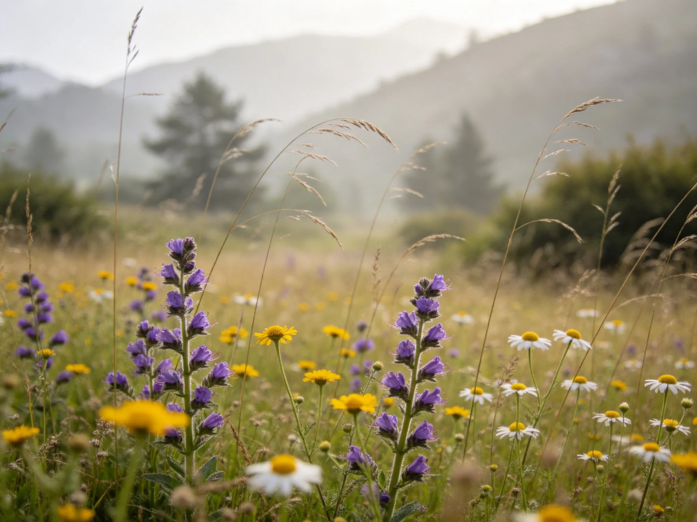 Misty mountain meadow with purple, yellow, and white wildflowers