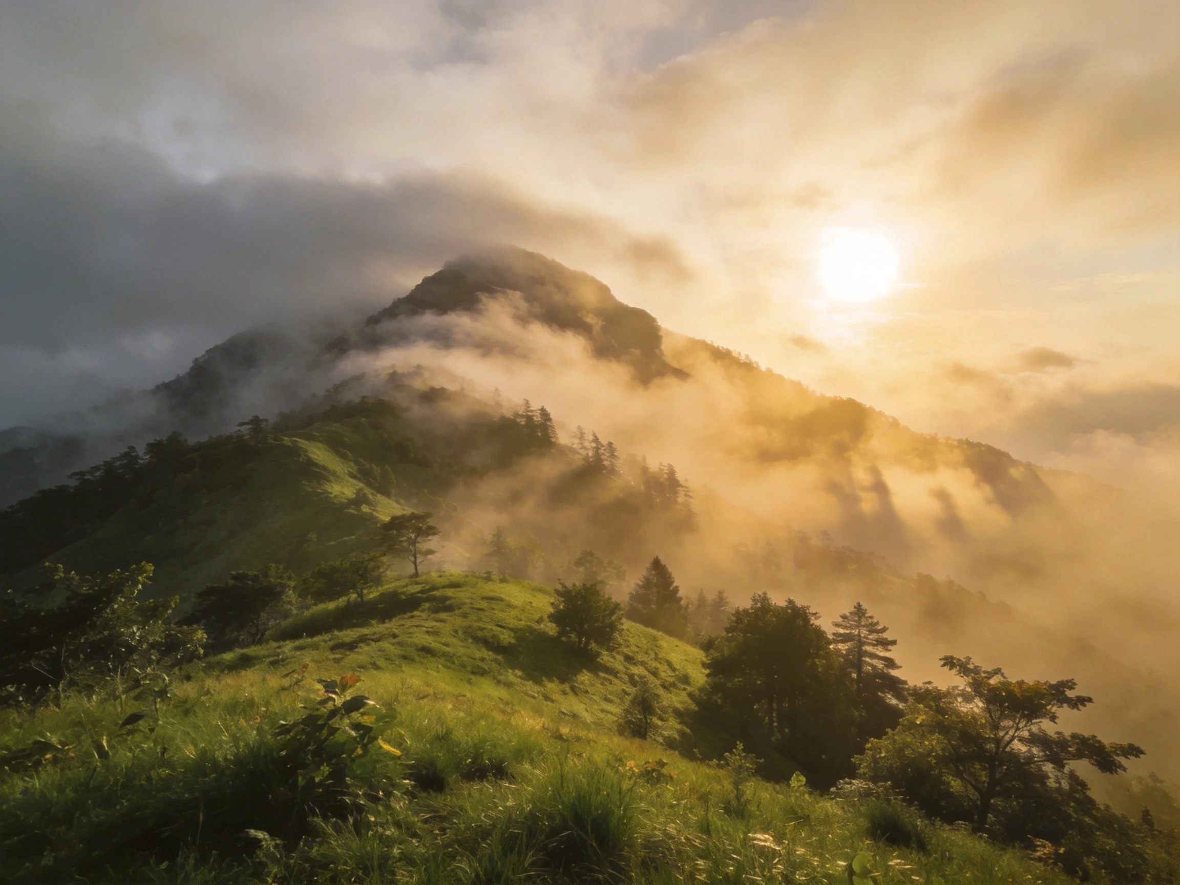 Misty mountain peak with golden sunrise over lush green slopes
