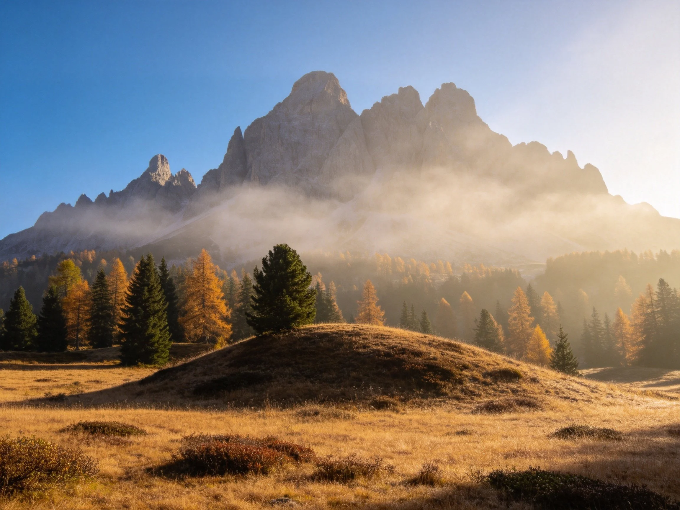 Misty mountain peaks overlook autumn forests and golden meadows.