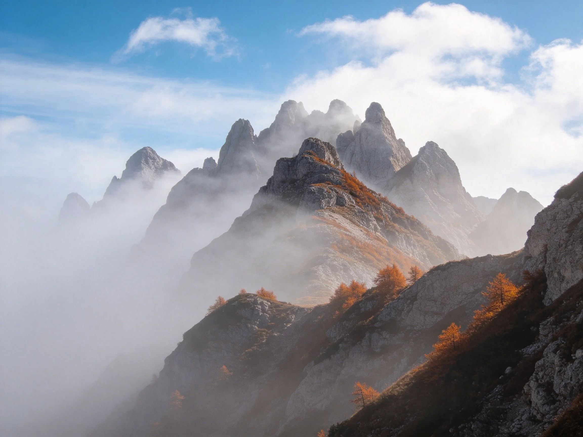 Misty mountain peaks with autumn foliage and blue skies