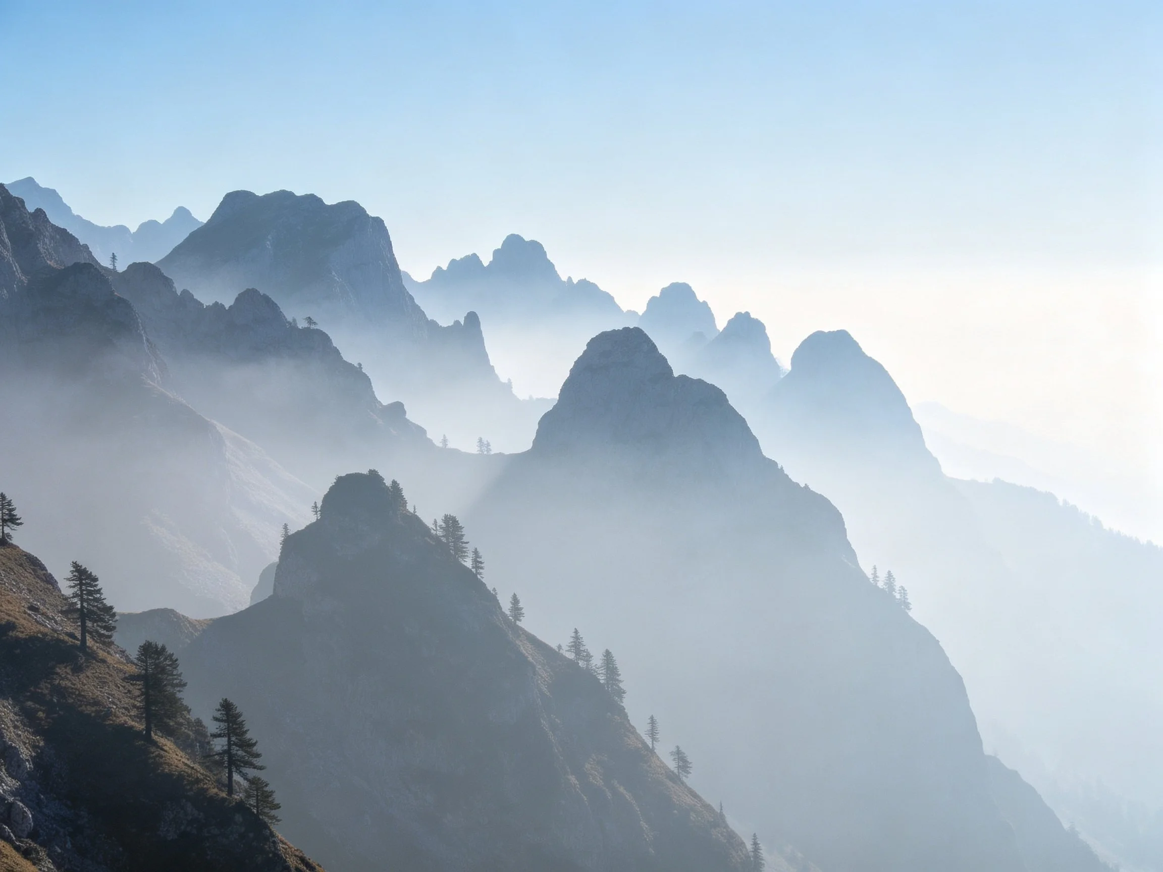 Misty mountain peaks with scattered pine trees under clear blue sky