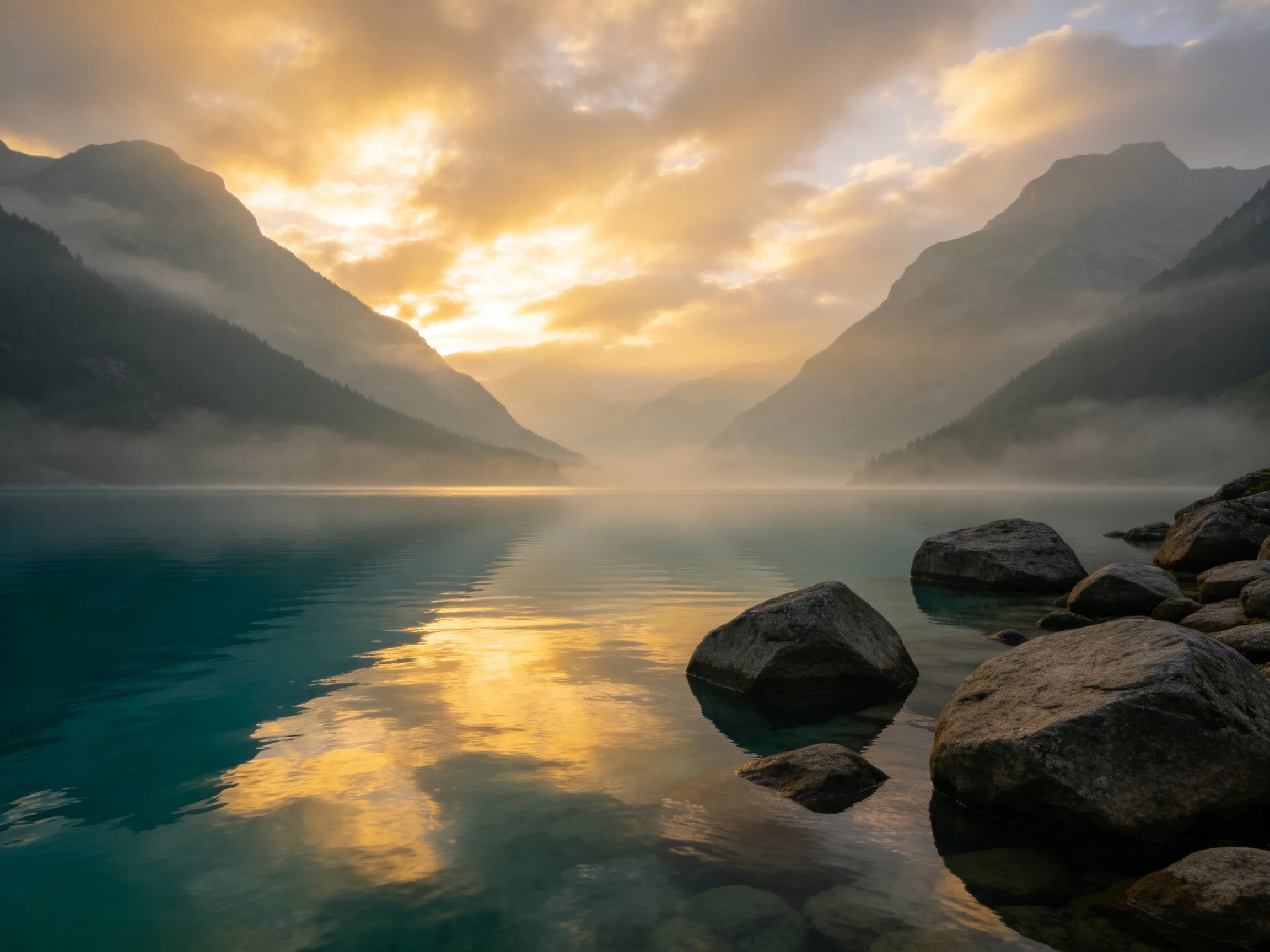 Misty mountains frame turquoise lake at golden hour
