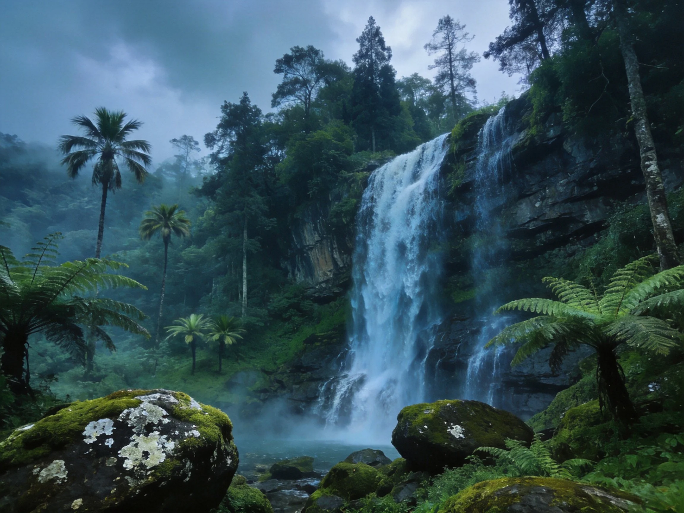 Misty waterfall amidst lush greenery and mossy rocks