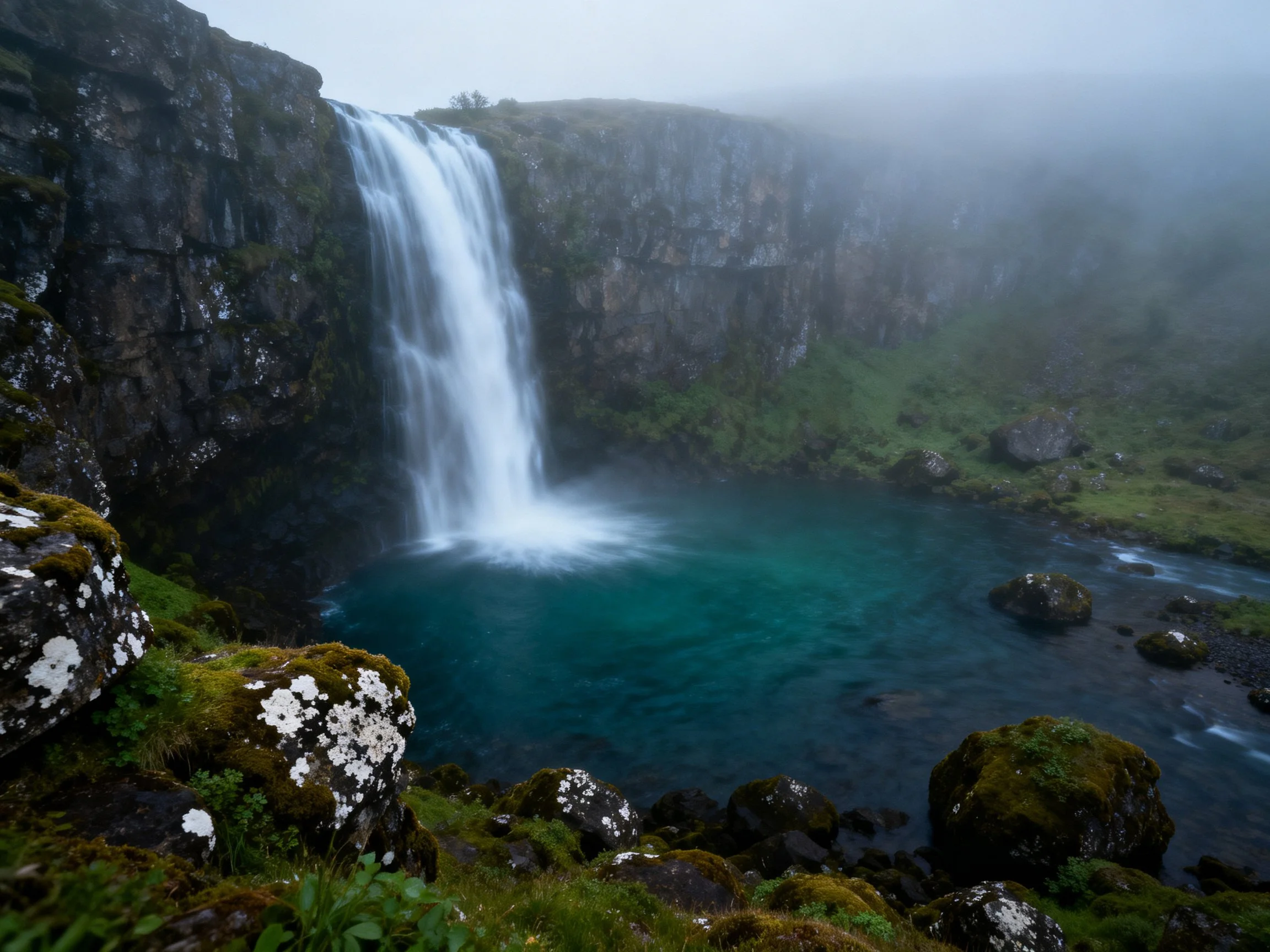 Misty waterfall flows into turquoise pool among mossy rocks