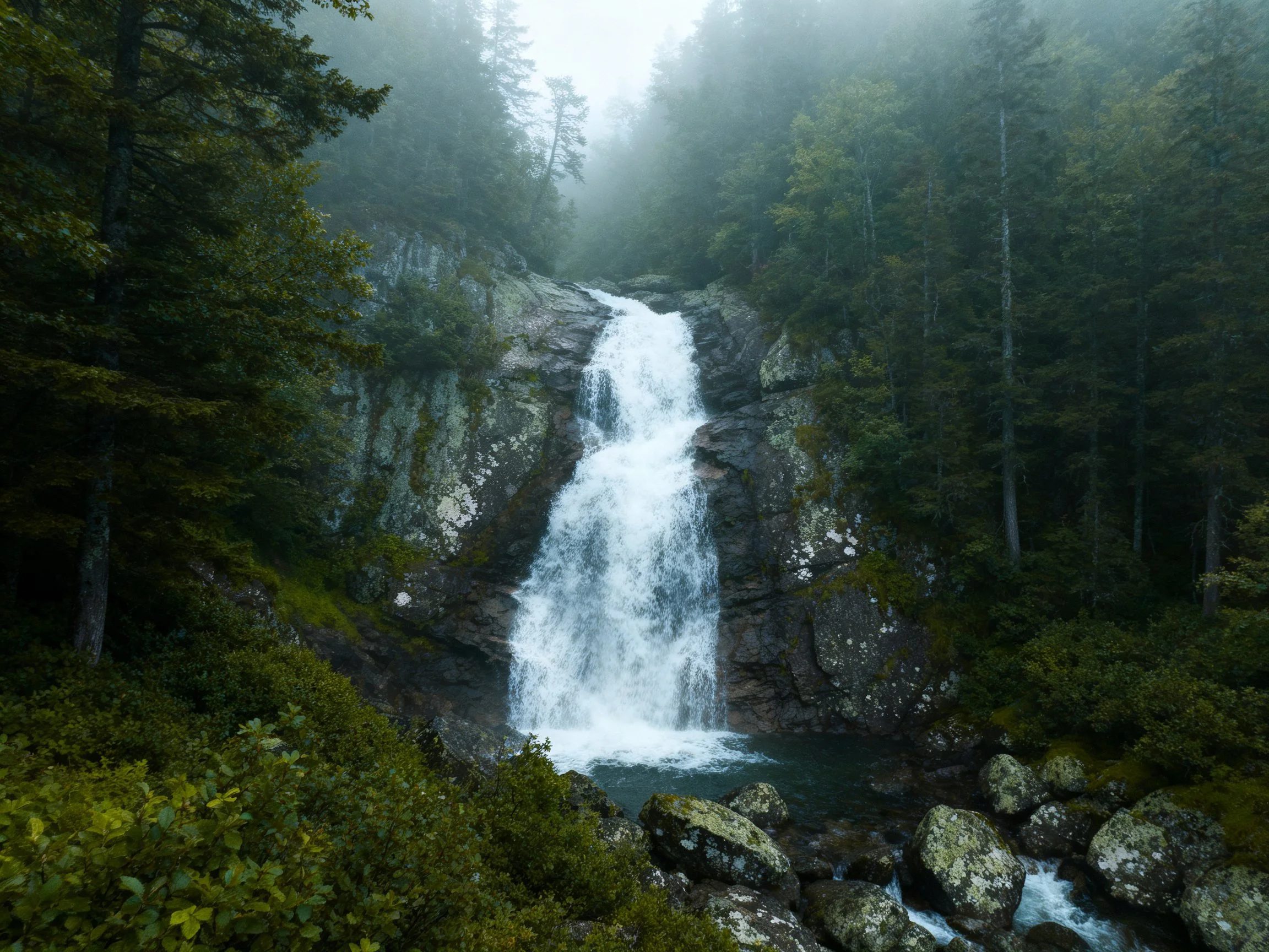 Misty waterfall spills over rocky cliffside into lush forest.