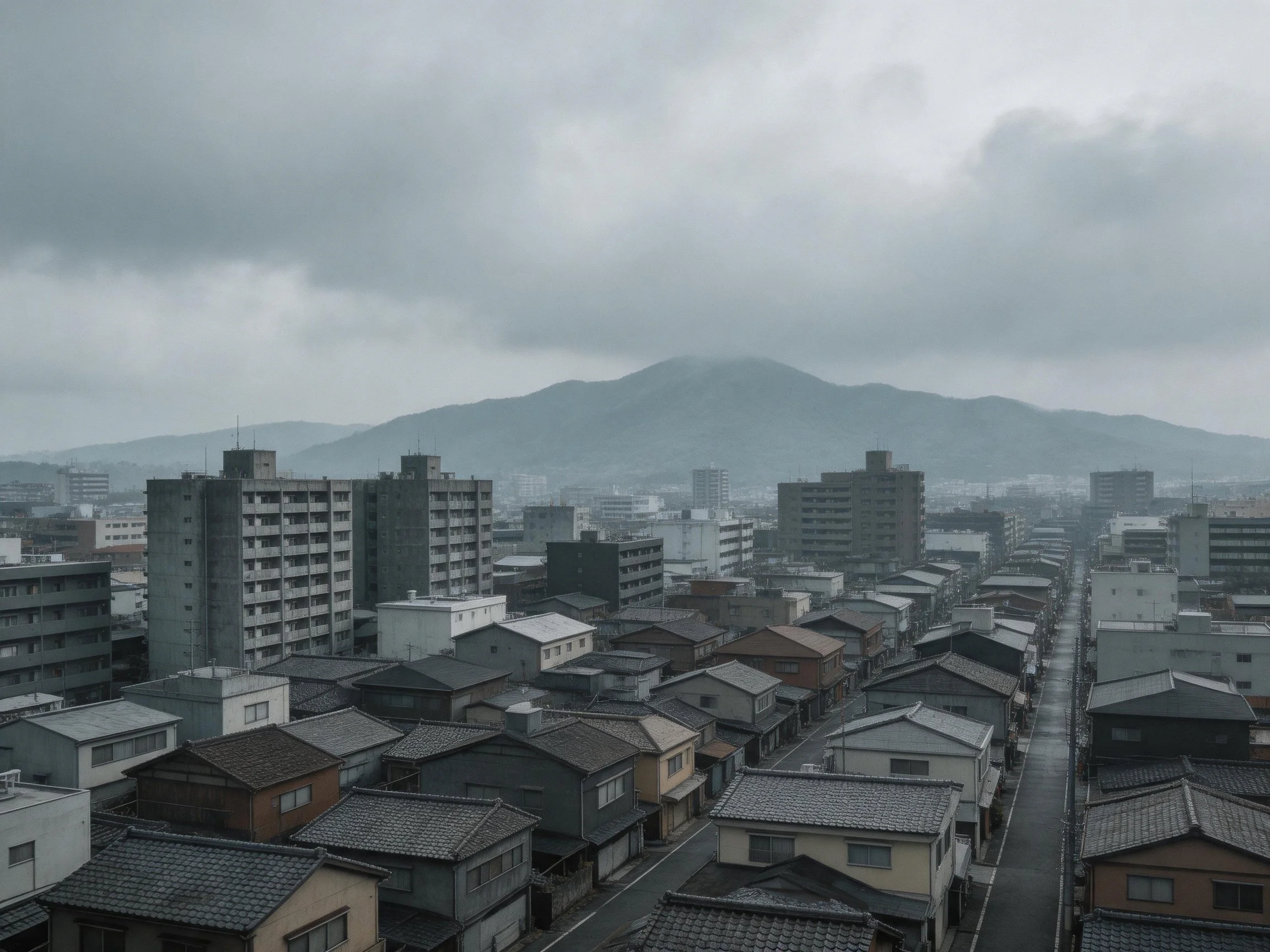 Mixed Urban Buildings Under Overcast Skies with Distant Mountain