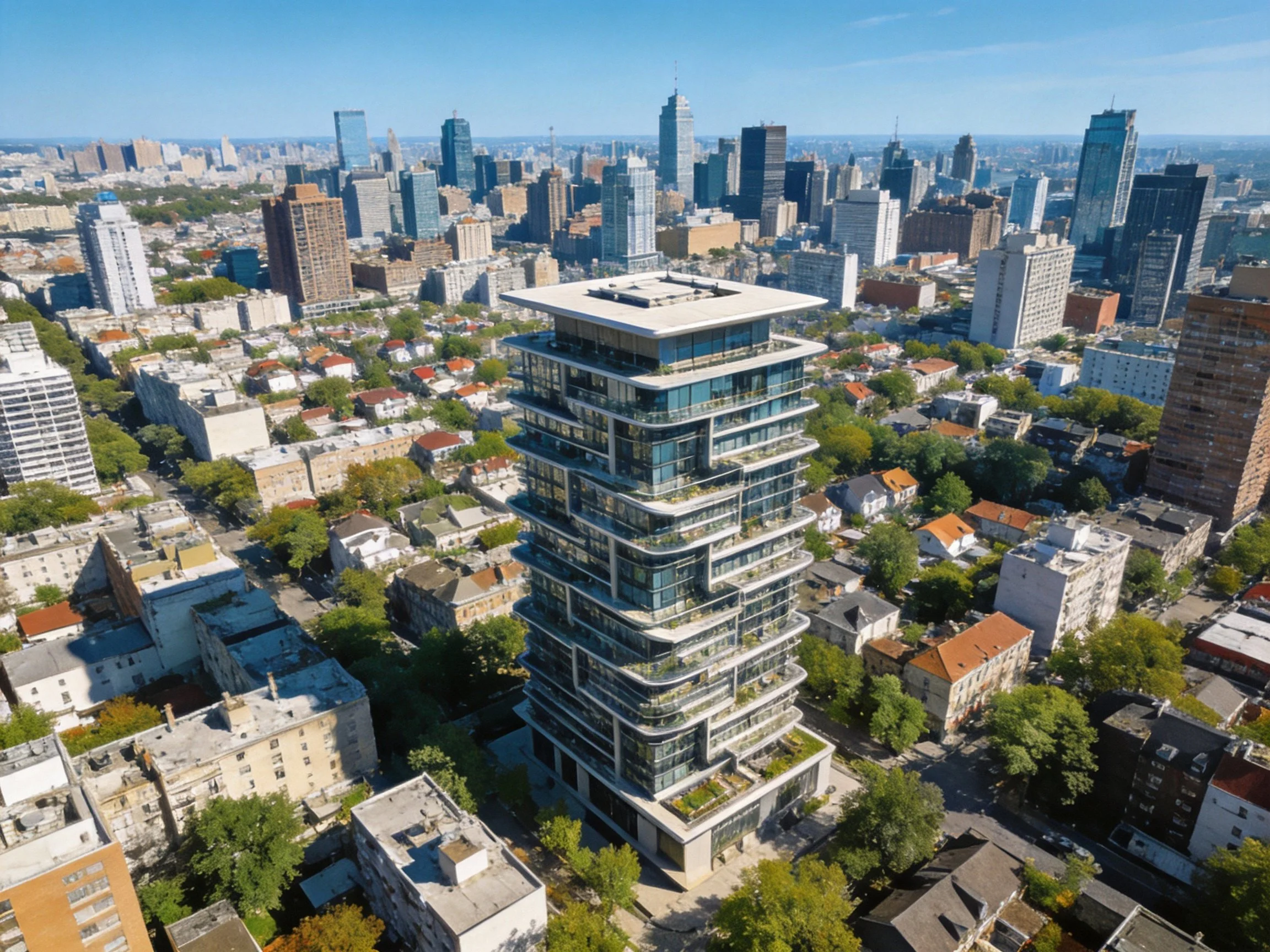 Modern High-Rise Tower Amongst Varied Urban Structures